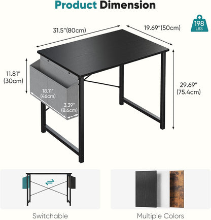 Computer Desk 31 Inch Home Office Desks for Small Spaces, Gaming Writing Study Work Table with Storage Bag for Bedroom, Black