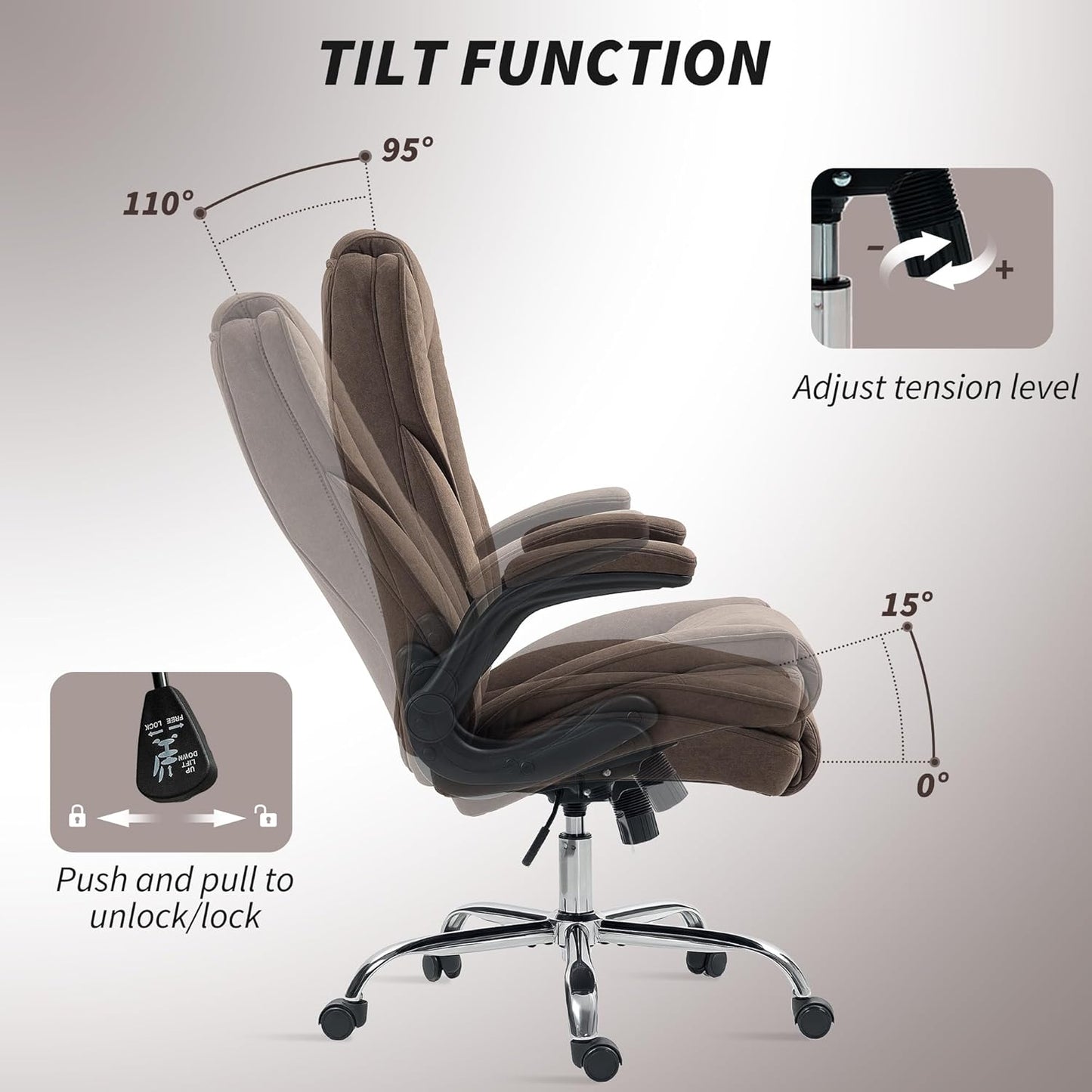 High Back Office Chair, Executive Desk Chair with Swivel Wheels, Flip-Up Armrest, Adjustable Height, Modern Diamond Fabric Computer Chair for Home Office, Dark Brown