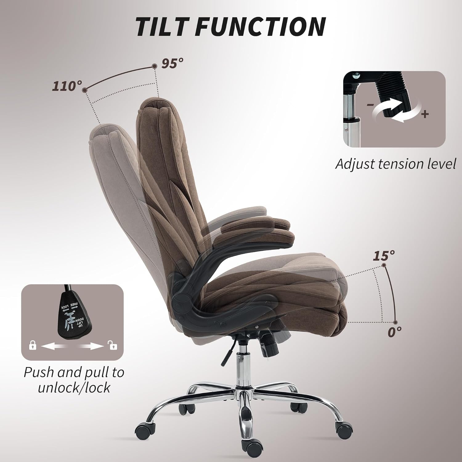 High Back Office Chair, Executive Desk Chair with Swivel Wheels, Flip-Up Armrest, Adjustable Height, Modern Diamond Fabric Computer Chair for Home Office, Dark Brown