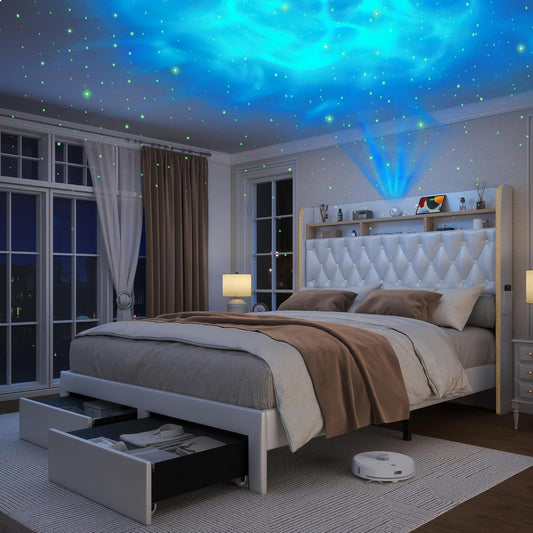 Queen LED Bed Frame with 2 Drawers, 53" Tall Platform Beds with Galaxy Star Projector Charging Station, PU Upholstered Diamond Tufted Aurora Bedframe with Storage Headboard, White