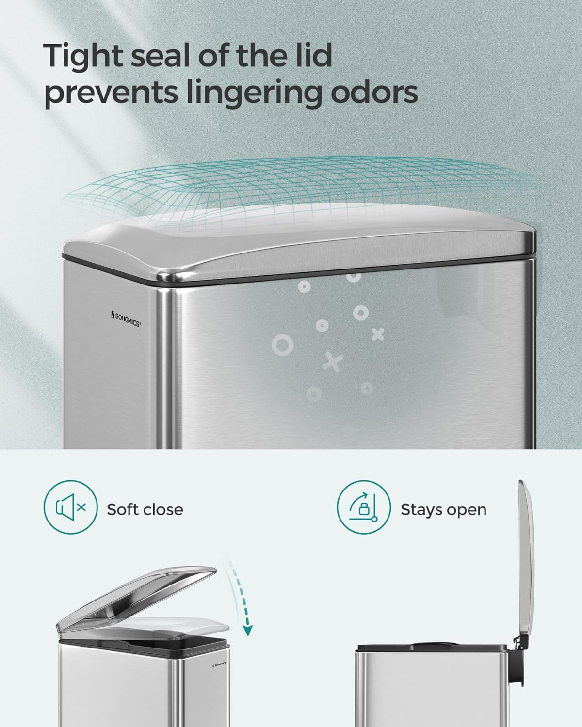 Slim Trash Can, 13-Gallon (50 L) Garbage Can for Narrow Spaces with Soft-Close Lid, Inner Bucket, and Step-On Pedal, Stainless Steel, 15 Trash Bags Included, Silver ULTB510E48