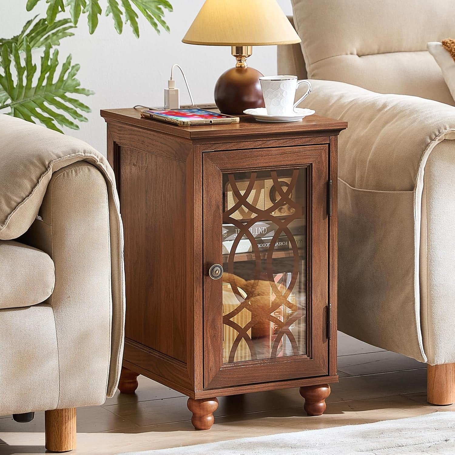 Narrow Side Table with Charging Station Set of 2, Night Stand with Glass Door,Bedside End Tables with Adjustable Shelf Storage Cabinet,Wood Nightstand for Small Spaces Living Room Bedroom