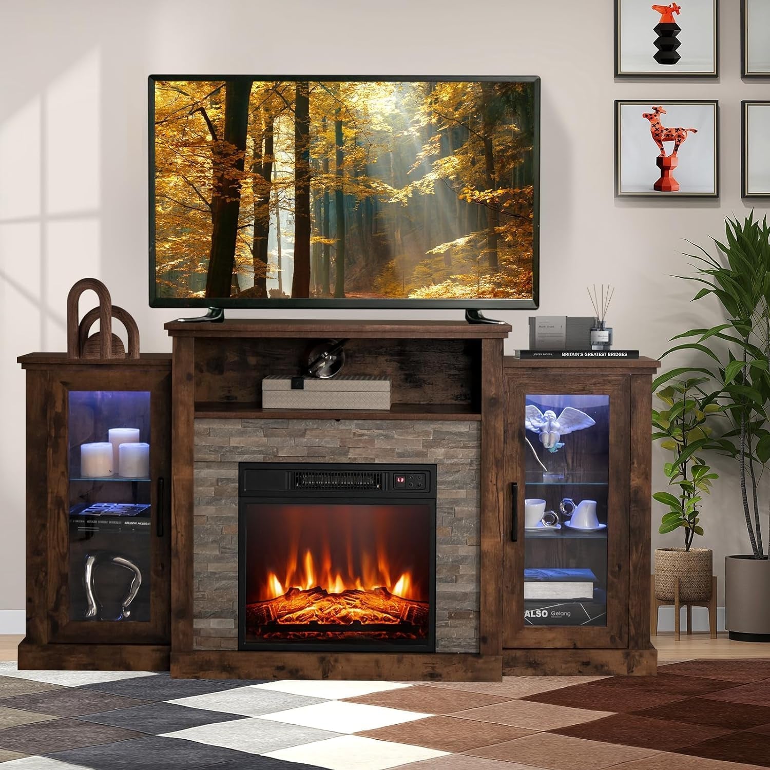 Electric Fireplace TV Stand for Tvs up to 65’’, TV Console with 16-Color LED Light, Adjustable Glass Shelves, 19’’ Fireplace Insert with Remote & APP Control, Entertainment Center (Brown)