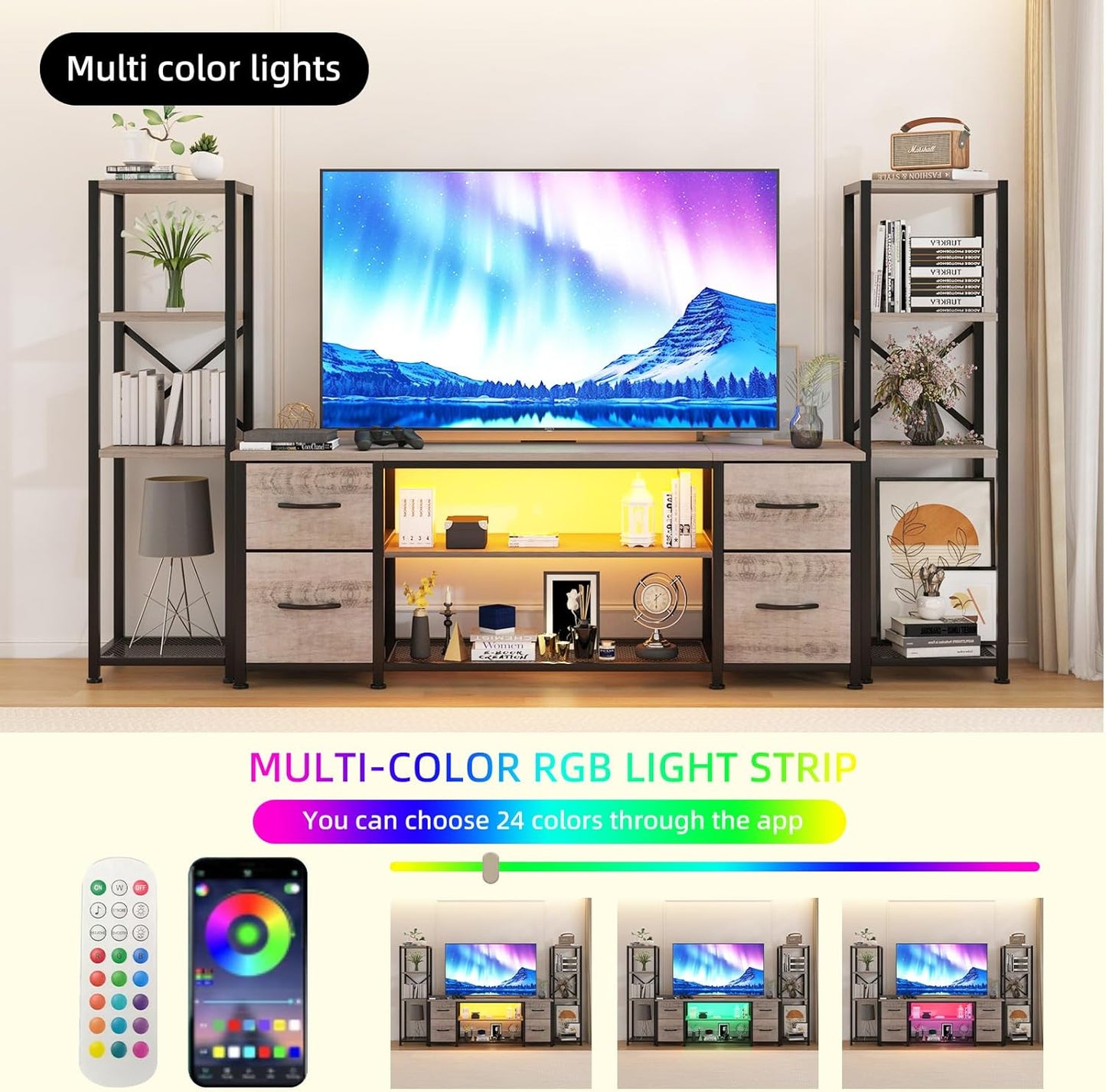 LED TV Stand 60 Inch for Living Room with Charging Station, Entertainment Center with 2 Industrial Bookshelves, Modern Console Cabinet with Storage Drawers (Greige)