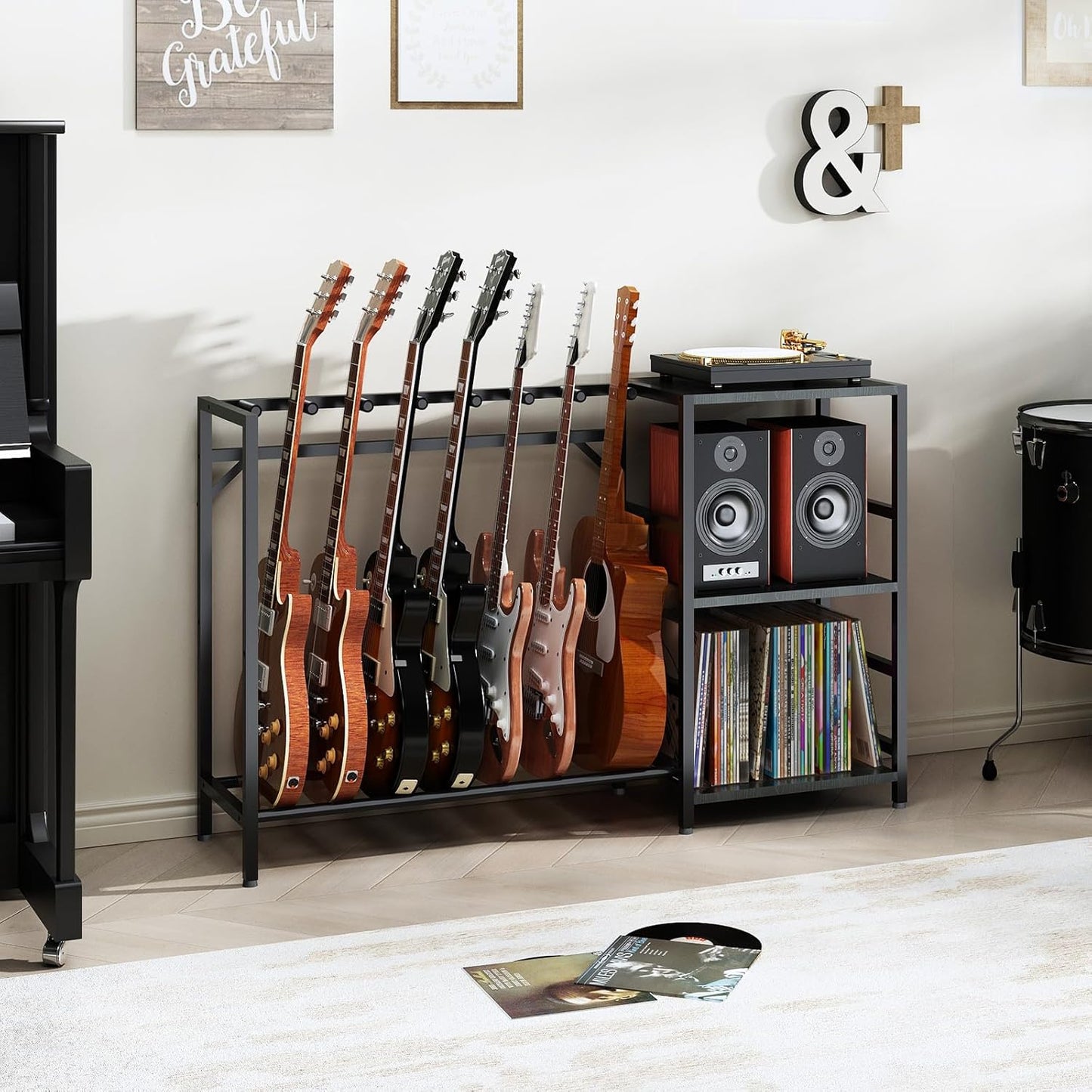 Record Player Stand with Guitar Stand, Record Player Table with Guitar Rack, Guitar Holder 7 Space for Multiple Guitars, Bass, Acoustic, Guitar Display for Home Music Studio, Black