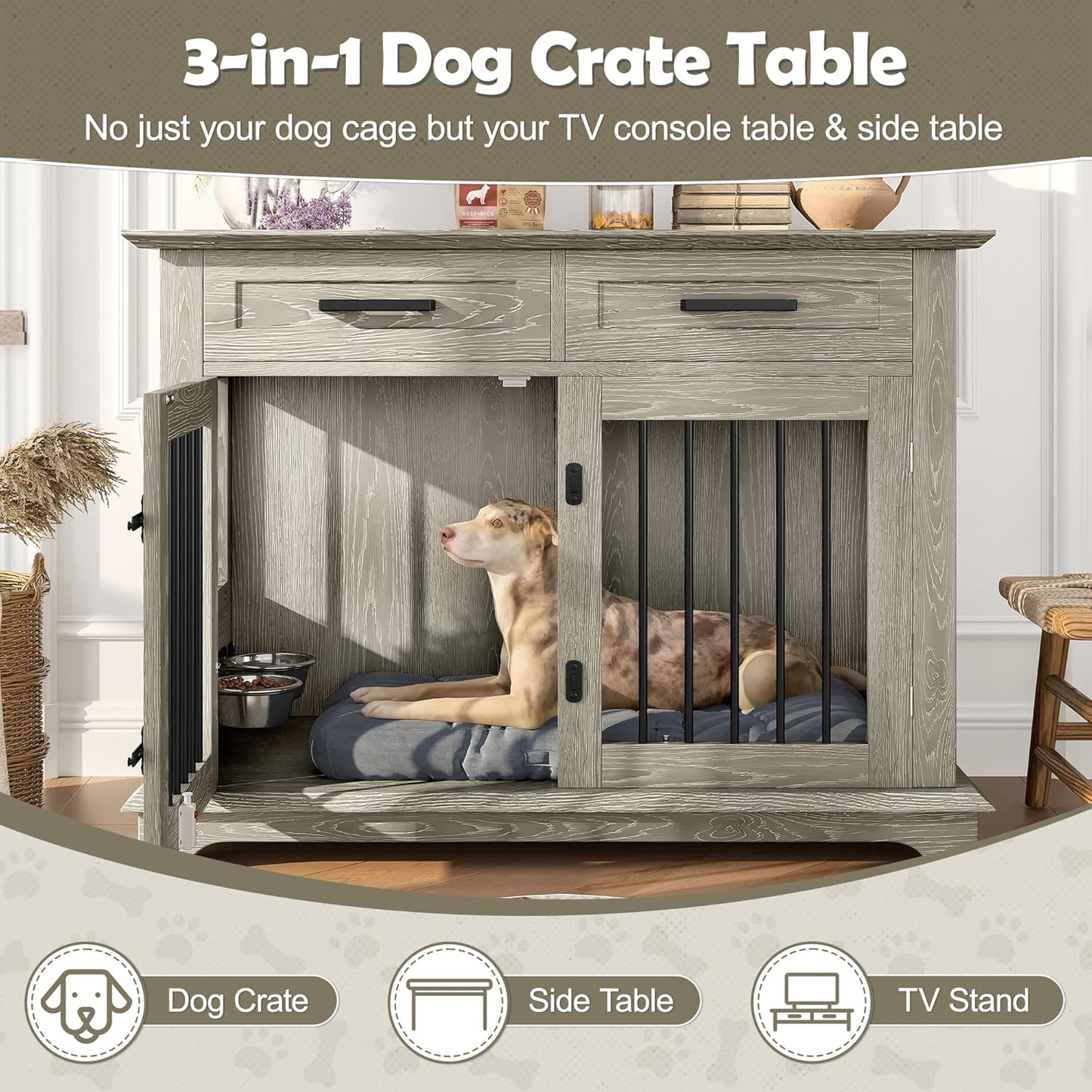 44.48" Large Dog Crate, 3-In-1 Wooden Dogs Crate End Table TV Stand Furniture with 2 Storage Drawers and Rotating Bowls, Decorative Pet House Dog Crates for Small/Medium Dogs, Gray