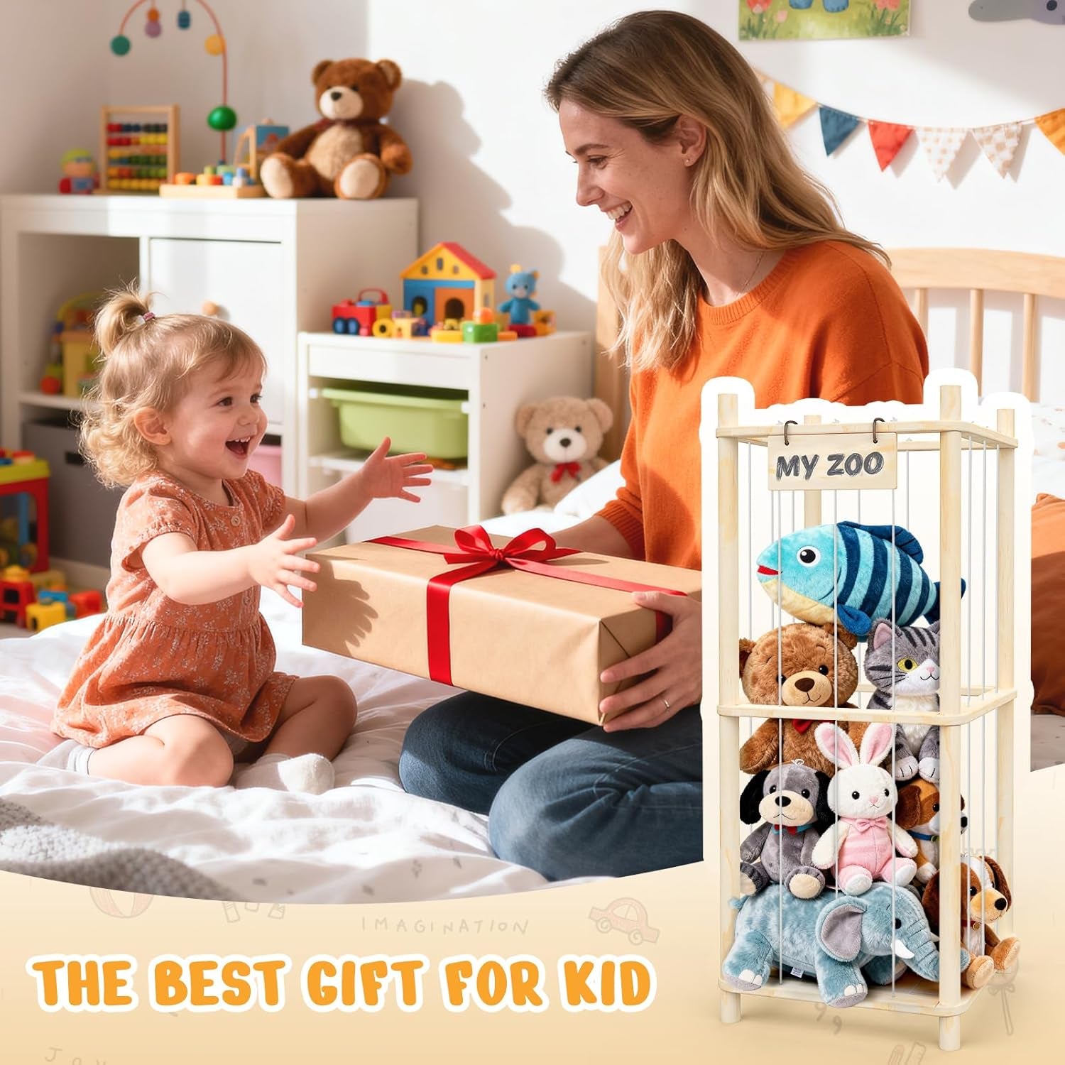 Stuffed Animal Storage Zoo Organizer – Wooden Toy Holder for Toddlers, Cute Plush Toy Cage for Kids’ Room, Playroom & Bedroom, Space-Saving Nursery Organizer with Personalized Nameplate