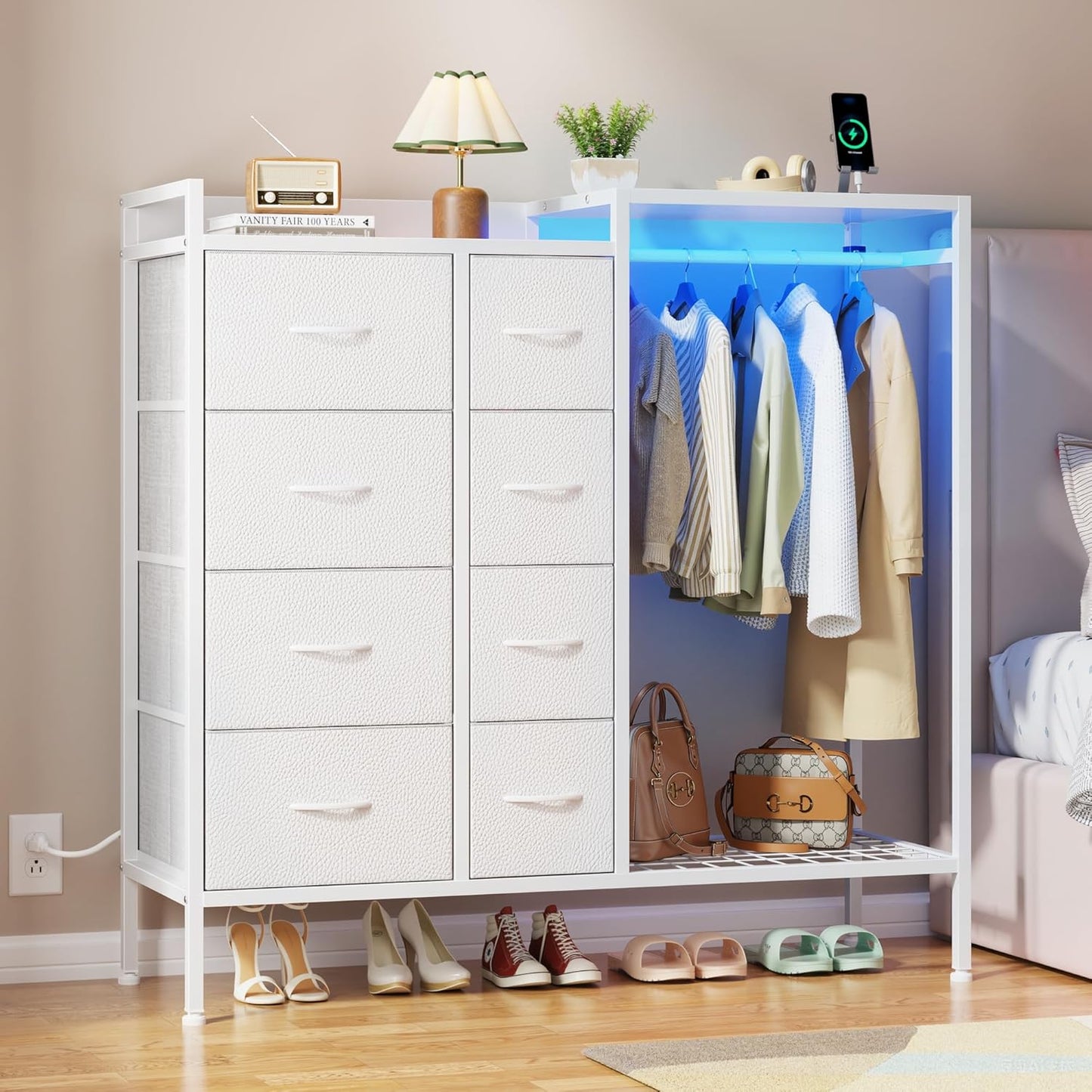 Dresser with Hanging Rack, 8-Drawer Dresser for Bedroom with Charging Station & LED Lights, Kids Dressers with Shoe Rack, Chest of Drawers with Wooden Top for Bedroom, Kids Room, White, 11.8"D