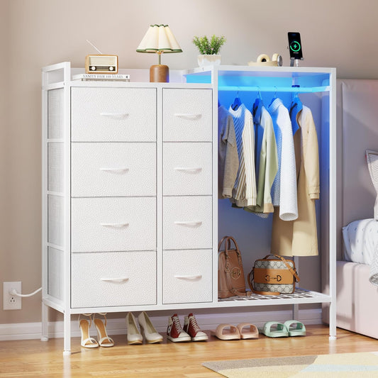 Dresser with Hanging Rack, 8-Drawer Dresser for Bedroom with Charging Station & LED Lights, Kids Dressers with Shoe Rack, Chest of Drawers with Wooden Top for Bedroom, Kids Room, White, 11.8"D