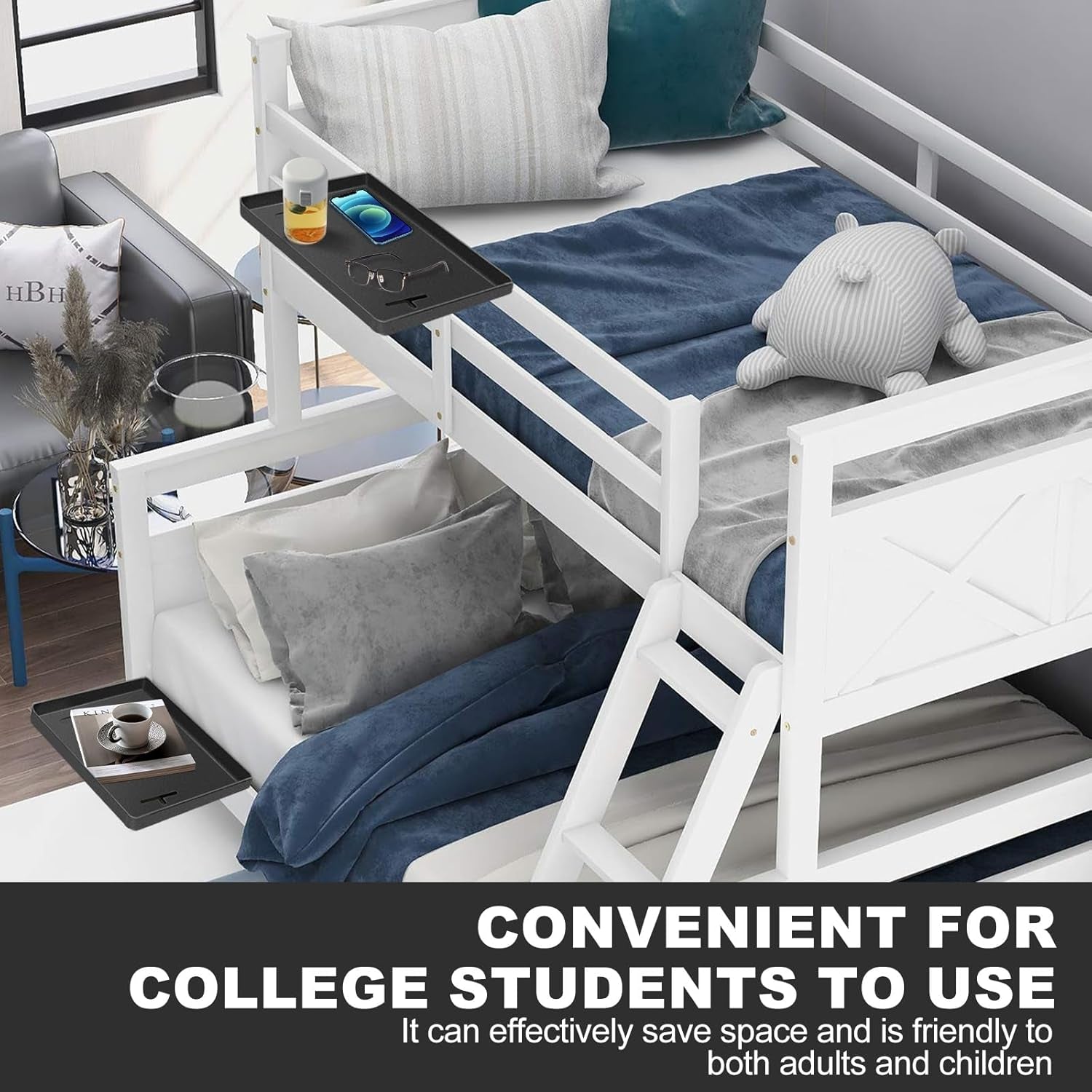 Bedside Shelf for Bunk & Loft Beds,College Dorm Room and Kids Room Essentials,Bed Side Table Tray Organizer,Clip on Nightstand,Black