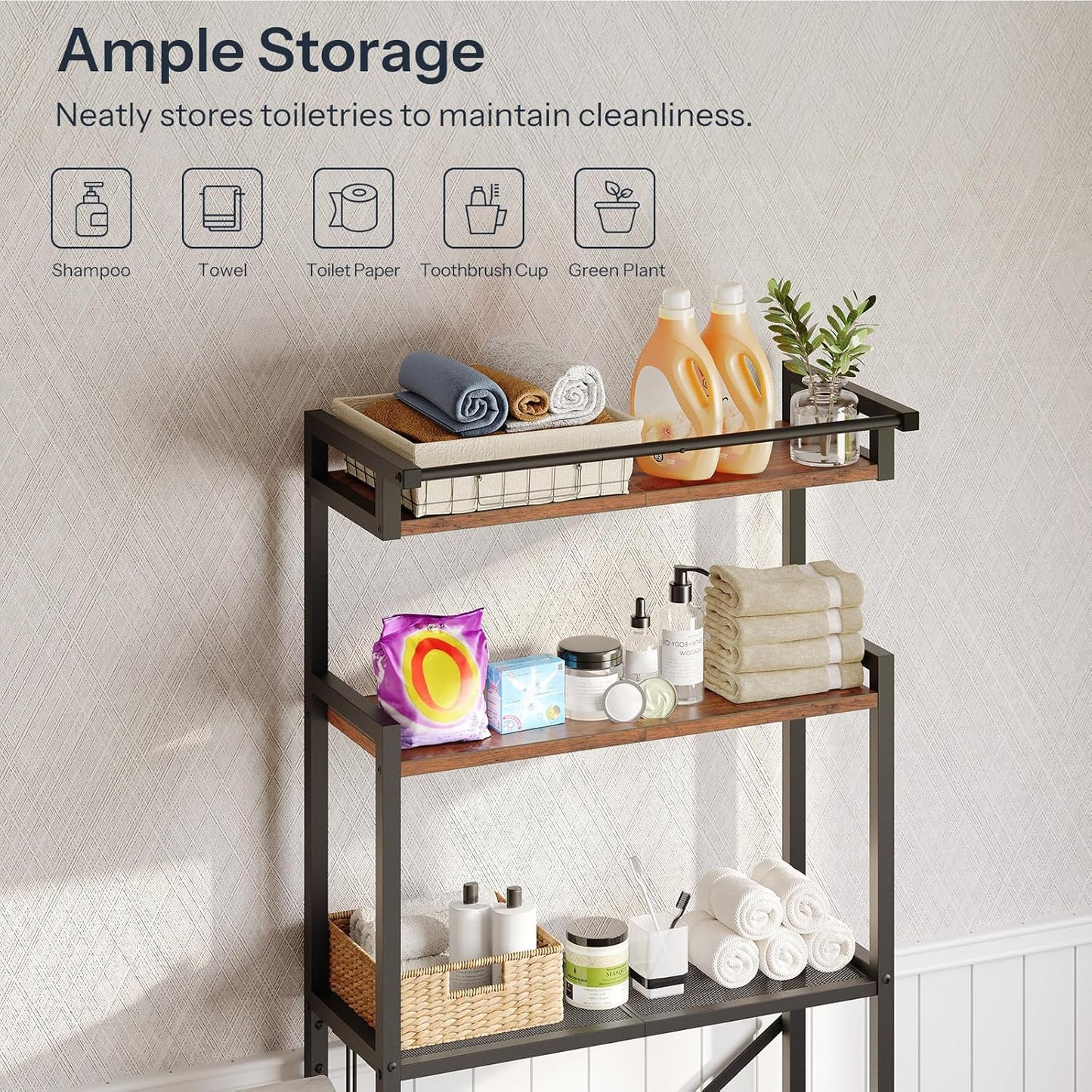 Over-The-Toilet Storage Rack, 3-Tier Bathroom Shelves above Toilet, Bathroom Organizer with Toilet Paper Hook, Laundry Room, Space Saver, Rustic Brown and Black BF21TS01