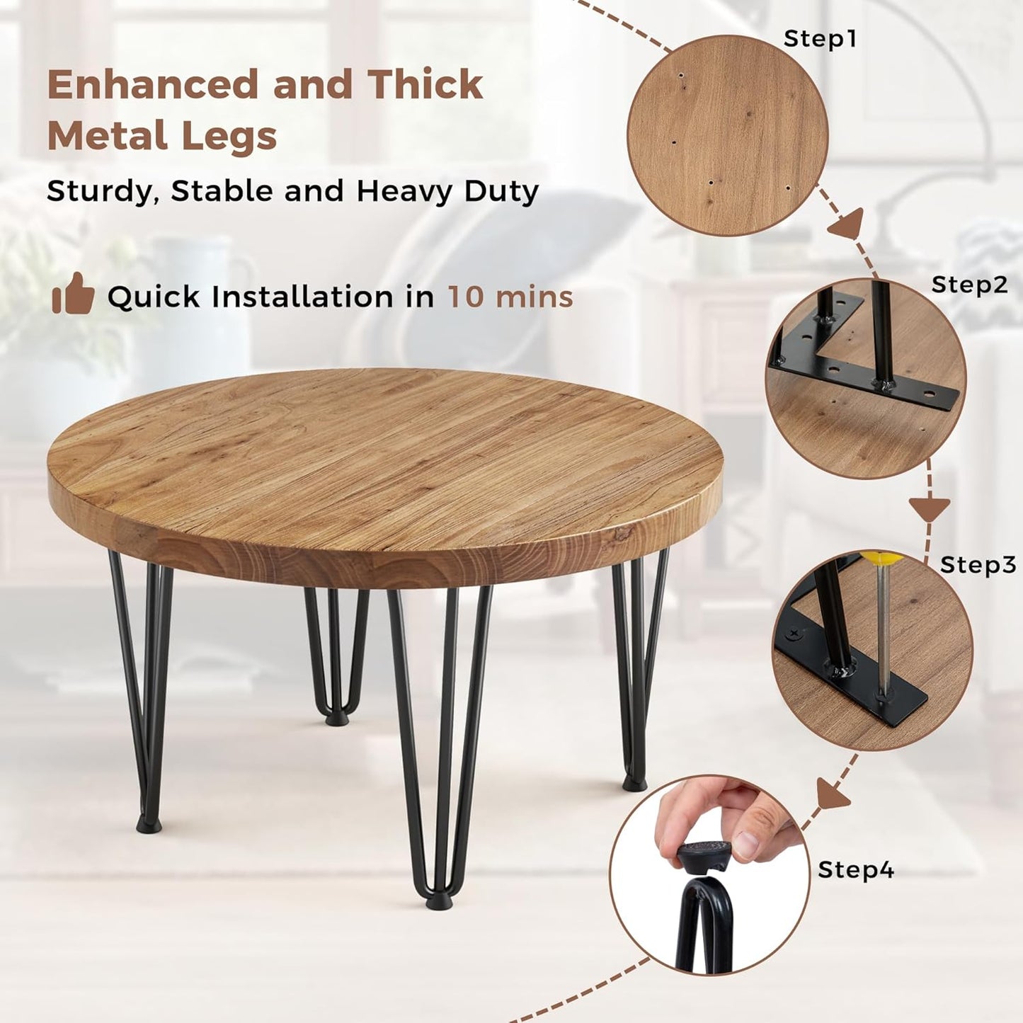 Rustic Wood round Coffee Table with Metal Legs, Solid Elm Wood Top and Non-Slip Feet Pads - Farmhouse Style for Living Room, Natural