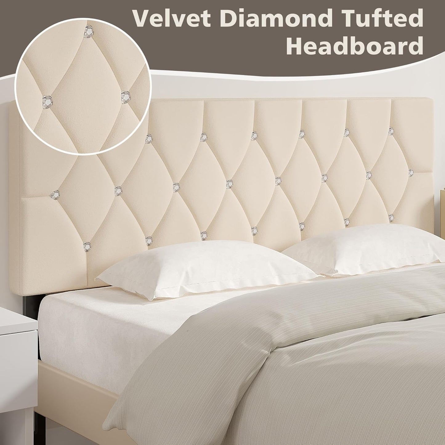 Tufted Upholstered Headboard Queen Size, with 6 Adjustable Height from 39.8" to 49.8", Button Diamond Design, Easy Assembly, Beige