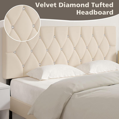 Tufted Upholstered Headboard Queen Size, with 6 Adjustable Height from 39.8" to 49.8", Button Diamond Design, Easy Assembly, Beige