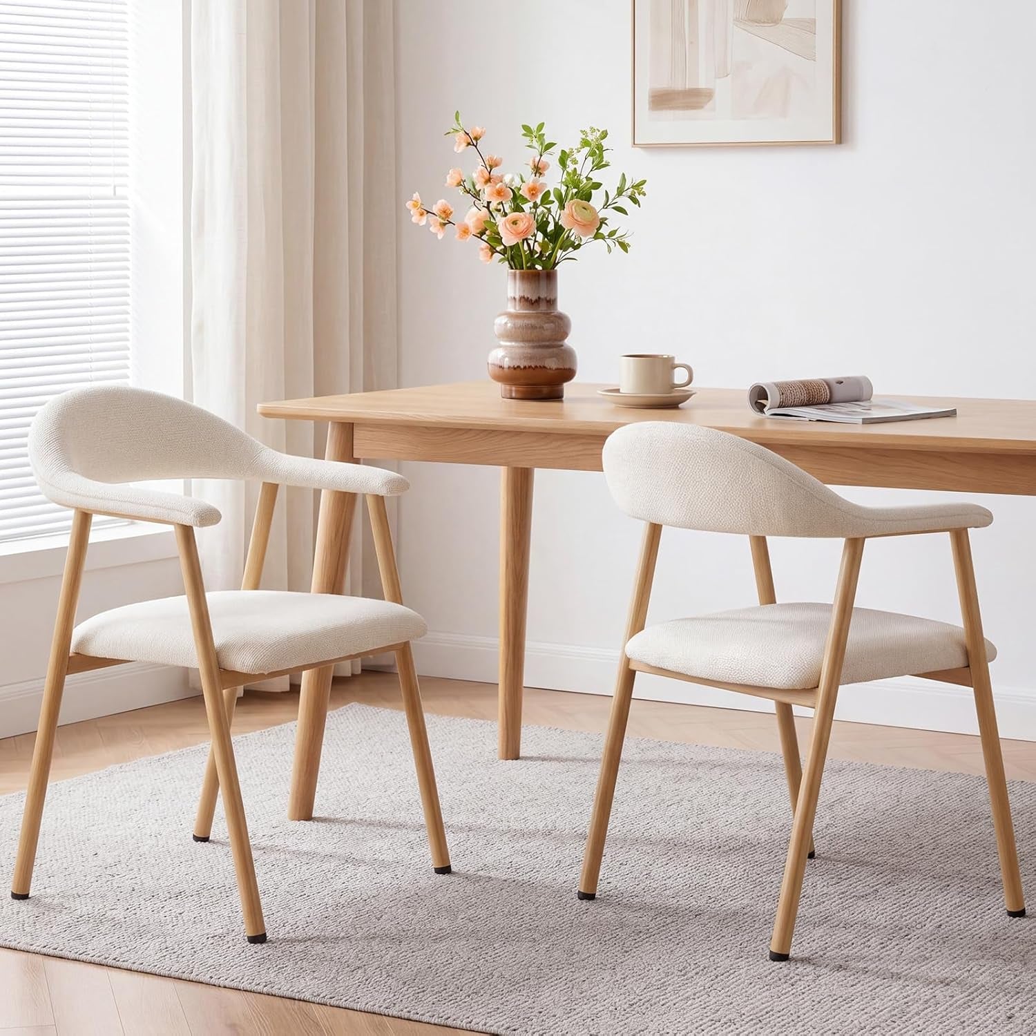 Dining Chairs Set of 2, Linen Fabric Upholstered Kitchen Side Chairs with Curved Backrest & Metal Legs, Modern Farmhouse Accent Chairs for Dining Room Kitchen Living Room Cafe, Beige