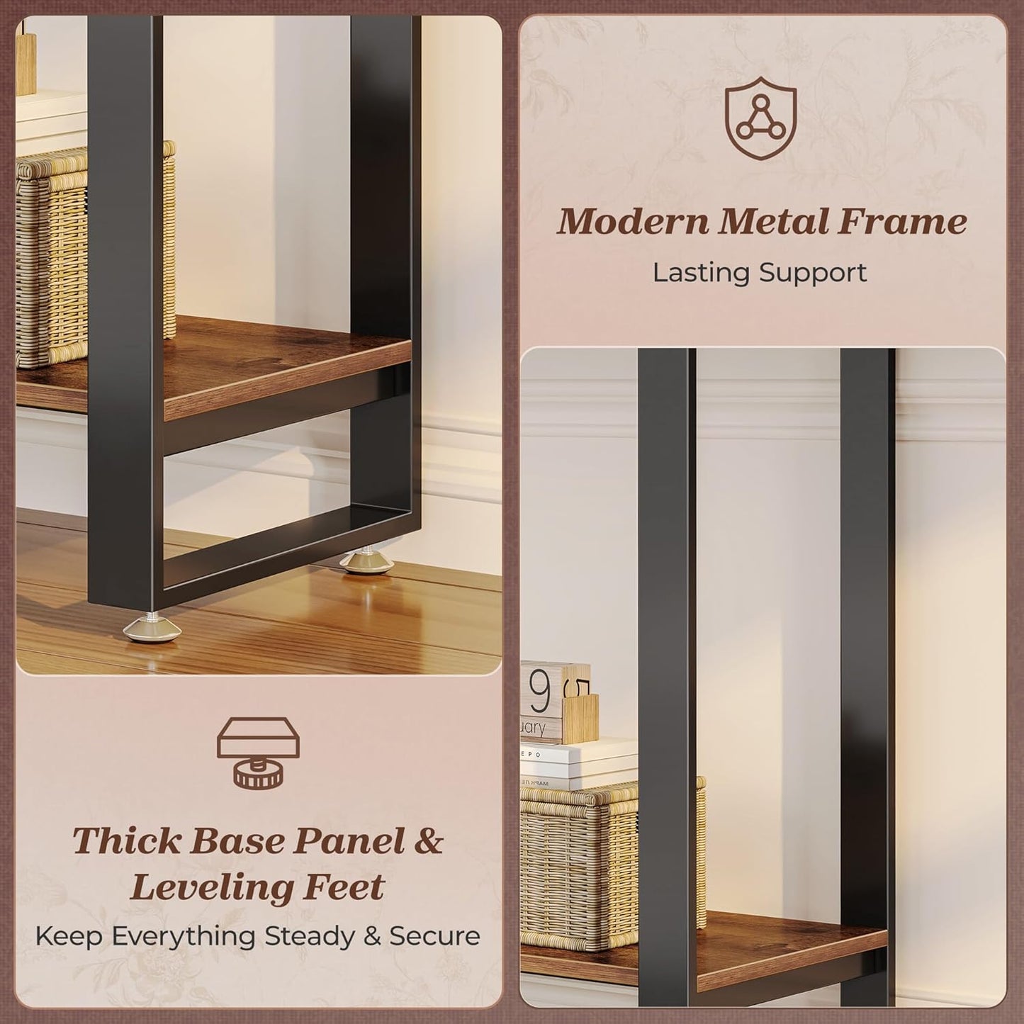 47.2 Inch Entryway Table, 2-Tier Industrial Console Sofa Table, Accent Table with Storage, for Entry, Hallway, Entrance, Foyer, T-Shaped Metal Frame, Rustic Brown