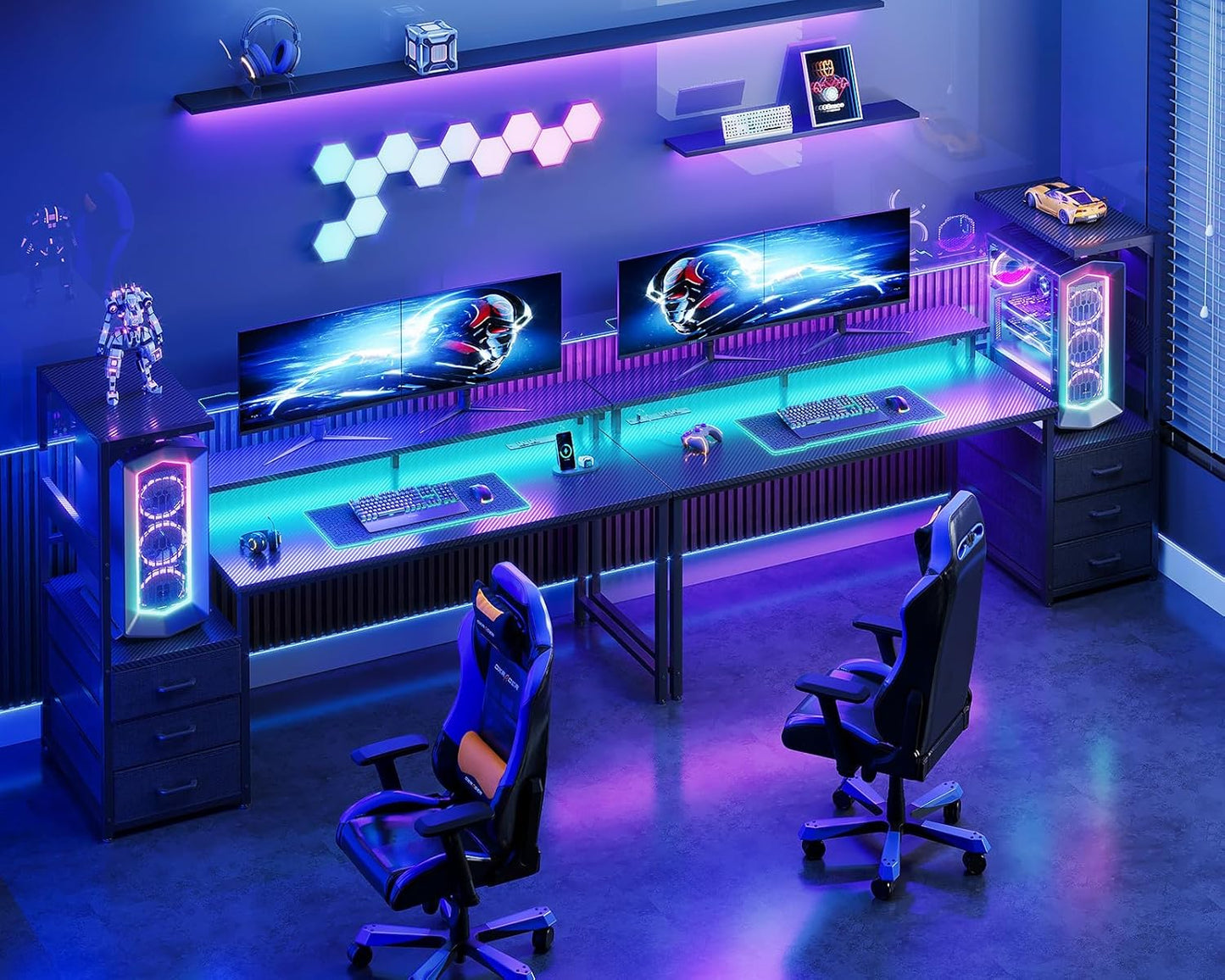 59 Inch Gaming Desk with USB Charging Ports & LED Light - Reversible Computer Desk with 3 Fabric Drawers, Monitor Stand, CPU Stand, and Side Hook, Modern Office Desk, Black