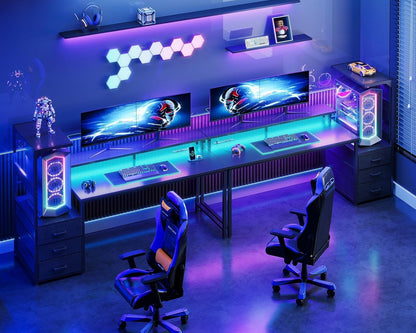 59 Inch Gaming Desk with USB Charging Ports & LED Light - Reversible Computer Desk with 3 Fabric Drawers, Monitor Stand, CPU Stand, and Side Hook, Modern Office Desk, Black