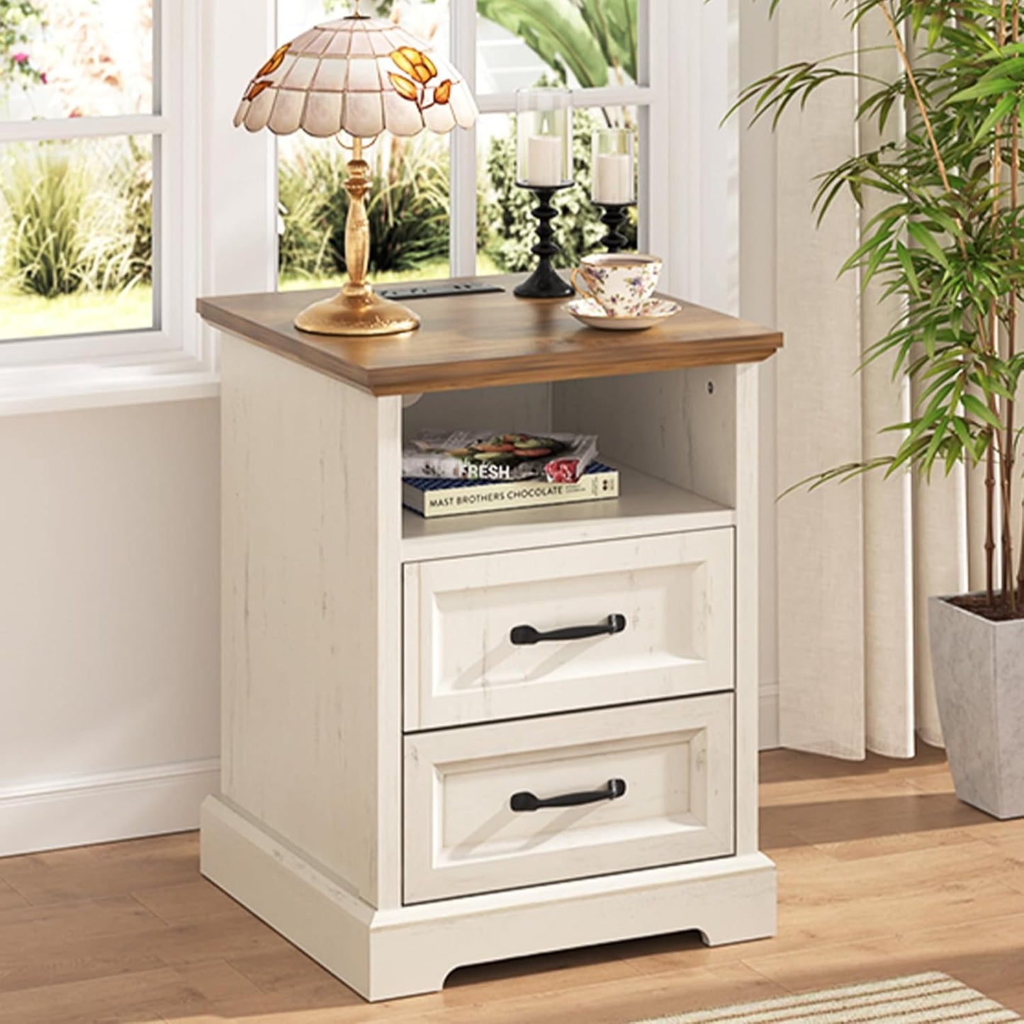 18'' Farmhouse Nightstand with Charging Station, Bedside Tables with Storage, Bed Side End Table with Open Shelf, 2 Drawers Wood Night Stand Dresser for Bedroom, Living Room, Rustic White