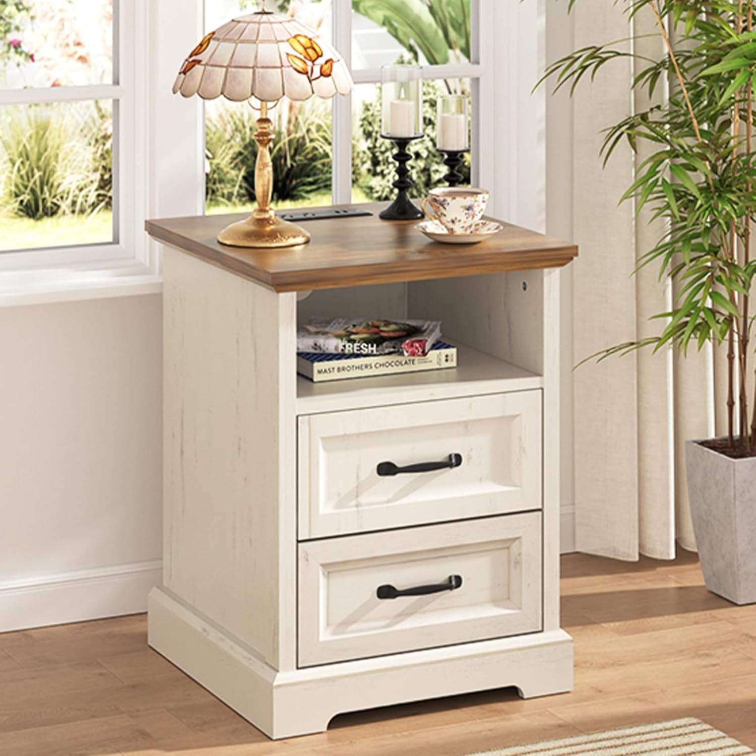 18'' Farmhouse Nightstand with Charging Station, Bedside Tables with Storage, Bed Side End Table with Open Shelf, 2 Drawers Wood Night Stand Dresser for Bedroom, Living Room, Rustic White