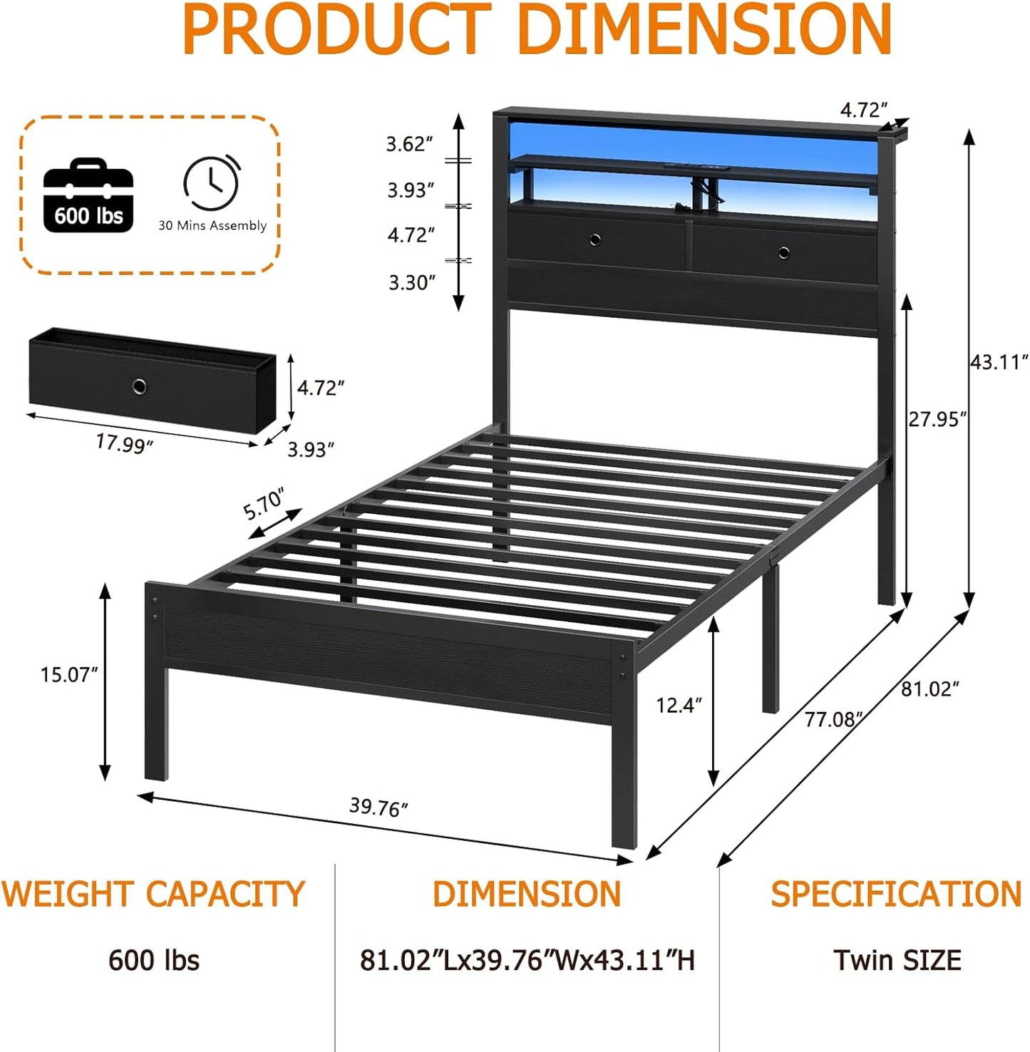 Twin Bed Frames with Charging Station and LED Lights, Wood Headboard with 2 Fabric Drawers and Storage Shelves, Twin Size Platform Bed with Metal Slats, No Box Spring Needed, Black Oak