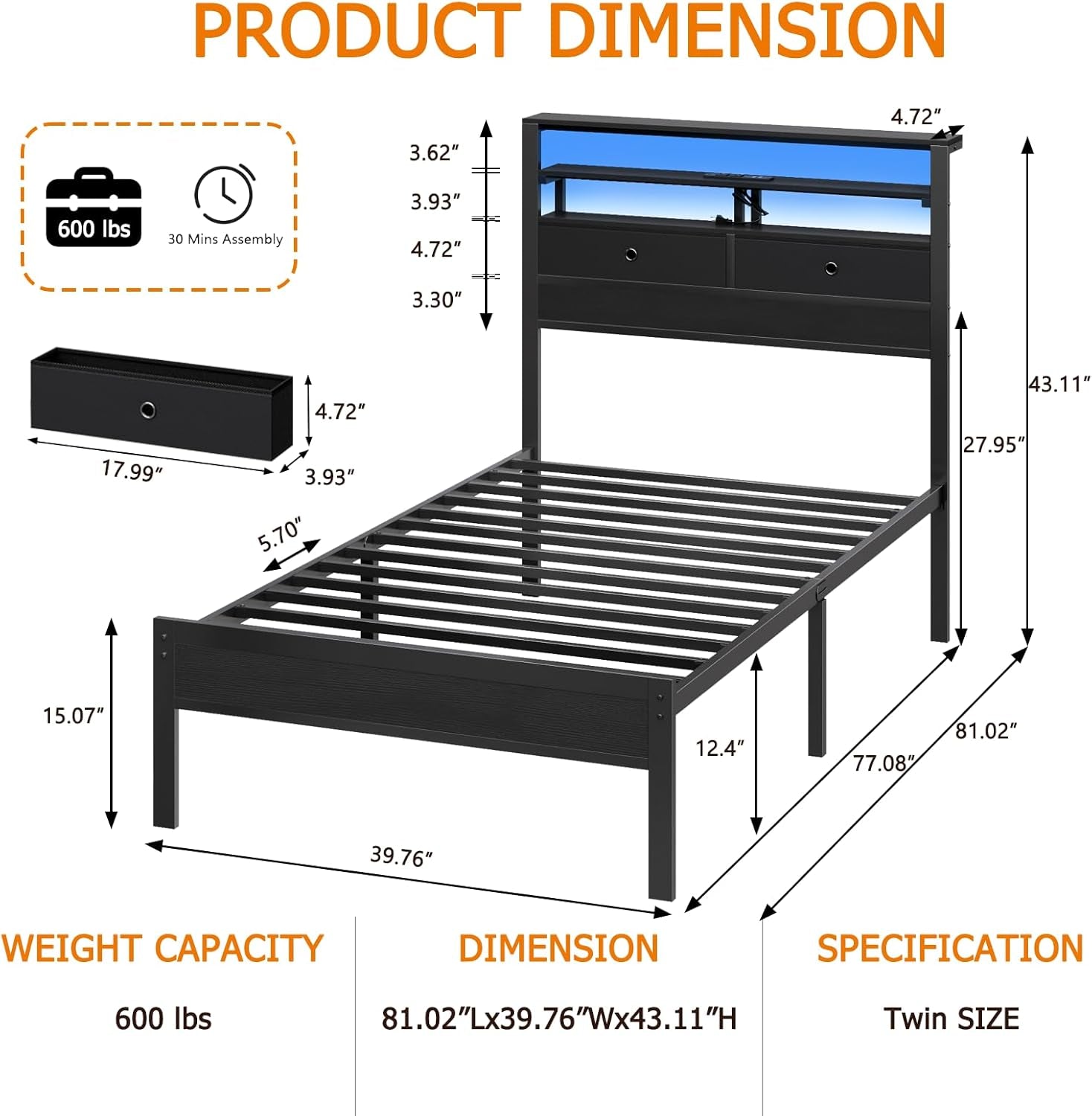 Twin Bed Frames with Charging Station and LED Lights, Wood Headboard with 2 Fabric Drawers and Storage Shelves, Twin Size Platform Bed with Metal Slats, No Box Spring Needed, Black Oak