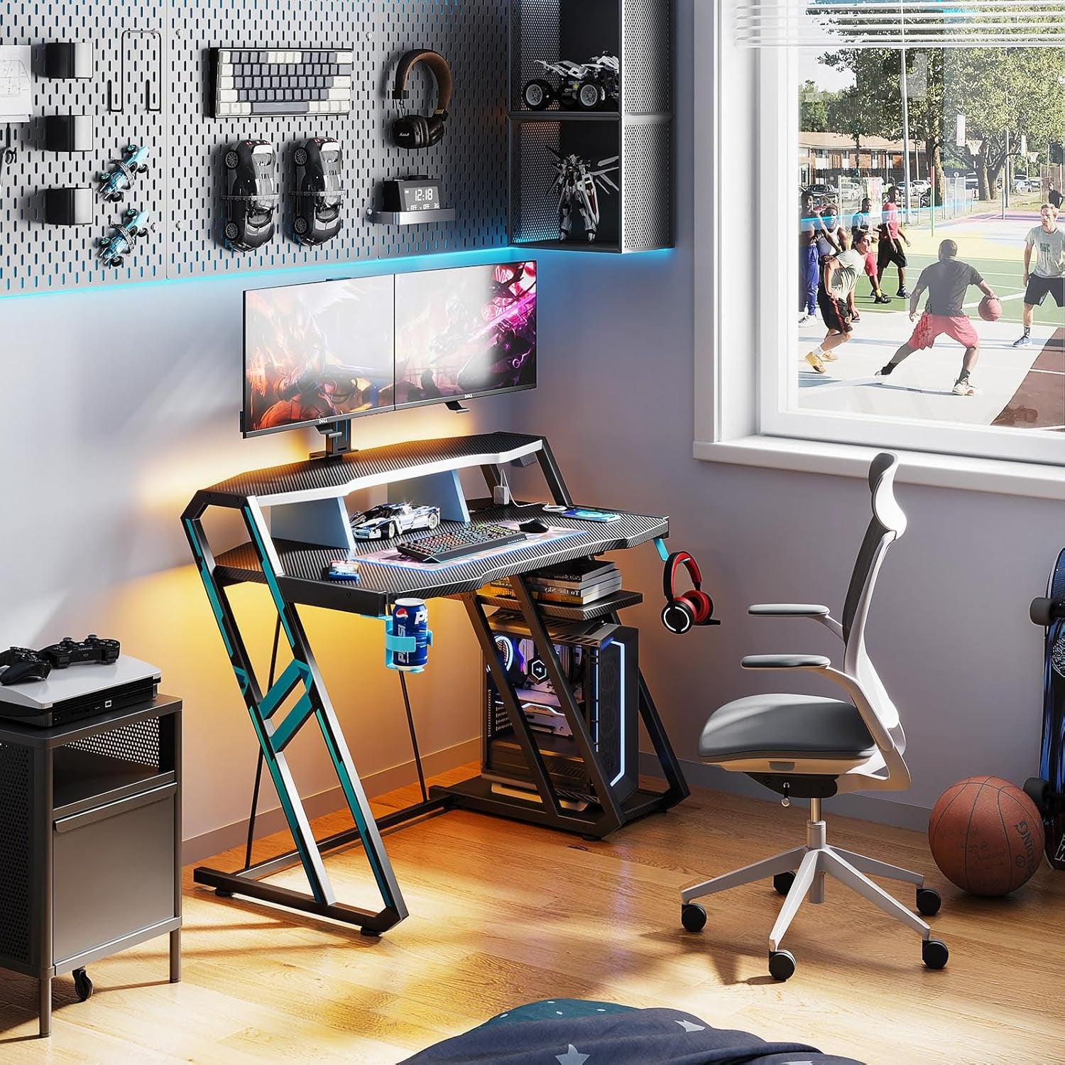 Gaming Desk with Power Outlet & LED Lights, Computer Desk 40 Inch with PC Storage Shelf, Gaming Table with Carbon Fiber Texture, Gamer Desk, Gift for Boys Men, Black