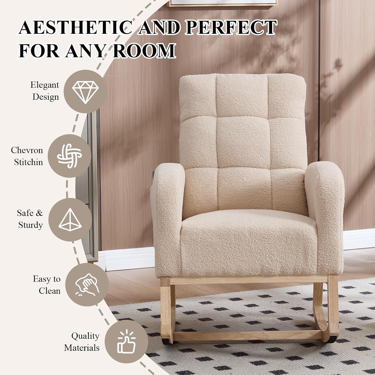 Nursery Rocking Chair, Teddy Upholstered Glider Chair with Side Pocket, Glider Rocker Chair with Tufted Back, Comfy Accent Nursing Chair for Living Room (Beige Retro)