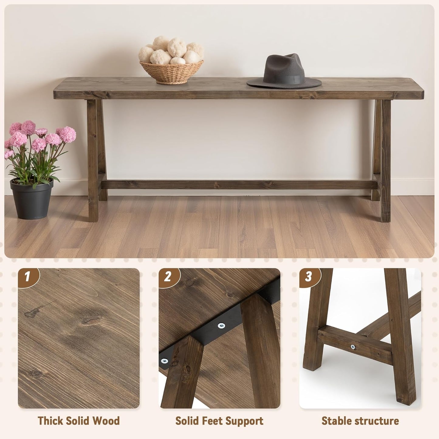 Solid Wood Bench, 47.2” Rustic Farmhouse Entryway Bench for Living Room Dining Room Hallway Closet Room, Indoors & Outdoors Bench