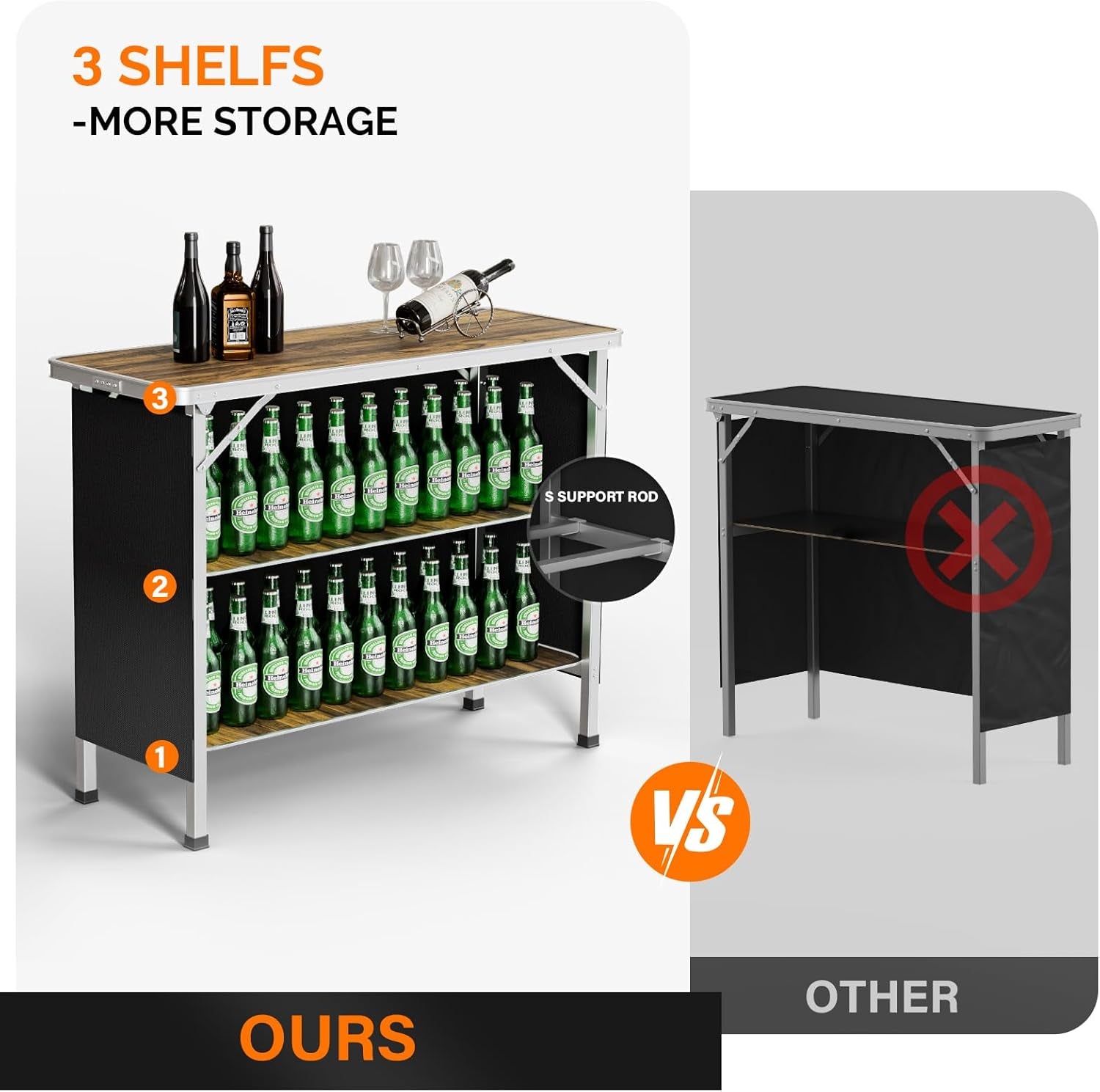 Portable Bar Table, 2-Tier Shelves, Mobile Bar Table for Events, Party, Camping, Picnic, Tradeshow, Indoor with Black Skirt, 39 "L X 34" H