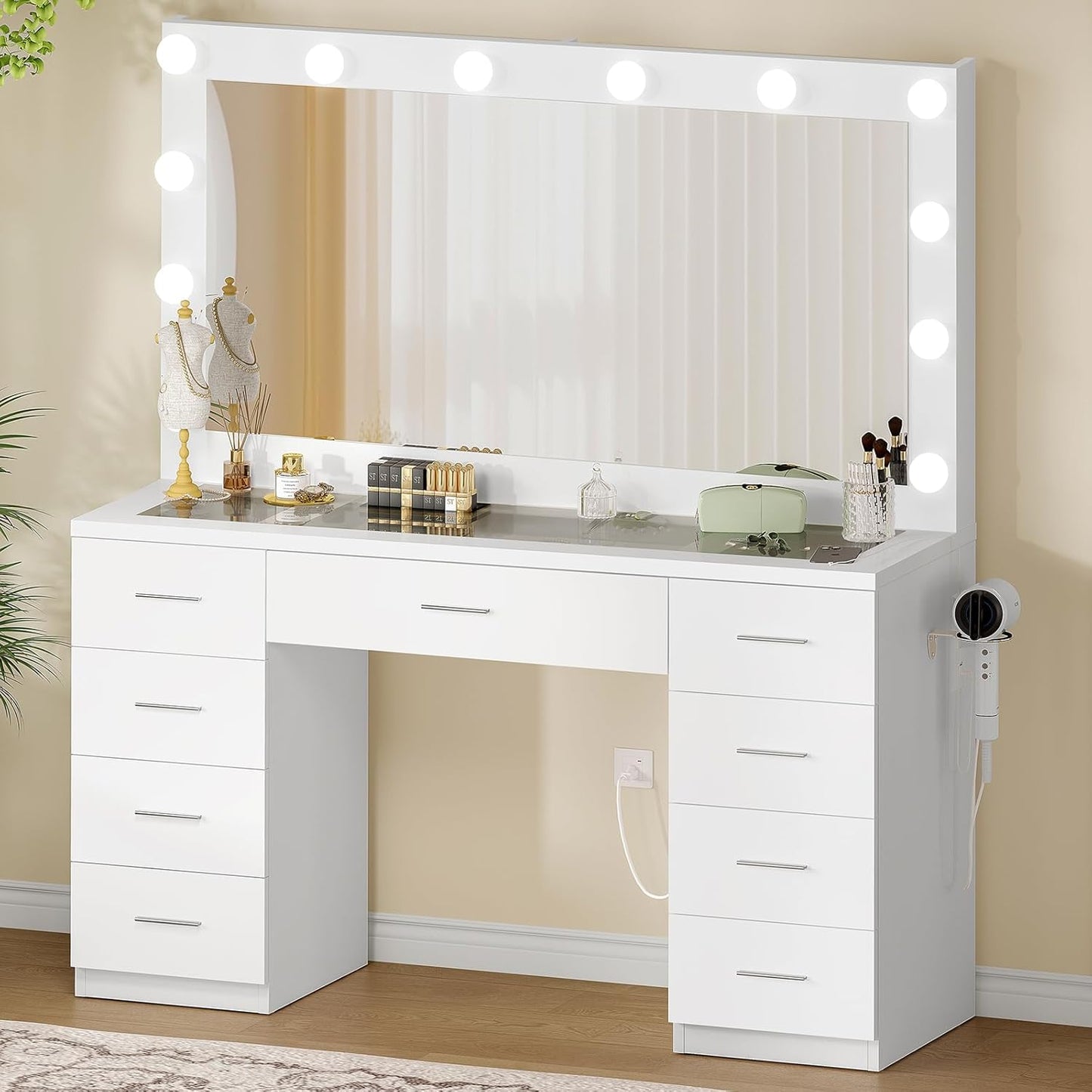 Vanity Desk with Glass Top & Large Lights Mirror, 3 Adjustable Lighting Color, 44" Makeup Vanity Desk with 9 Drawers and 12 LED Lights, Vanity Table, Dressing Table for Bedroom(White)