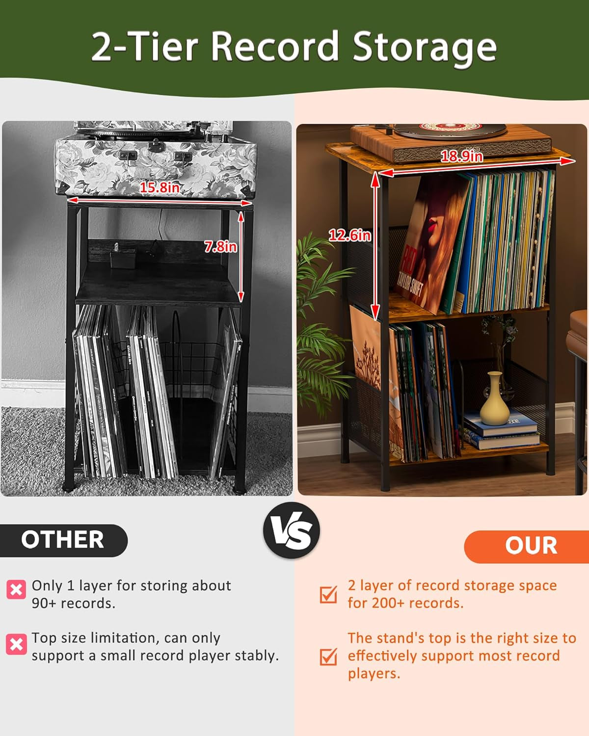 Vinyl Record Player Stand for 200 Albums - Solid Wood Turntable Table with Extended Desktop, Space-Saving LP Holder Cabinet for Living Room, Bedroom & Home Office