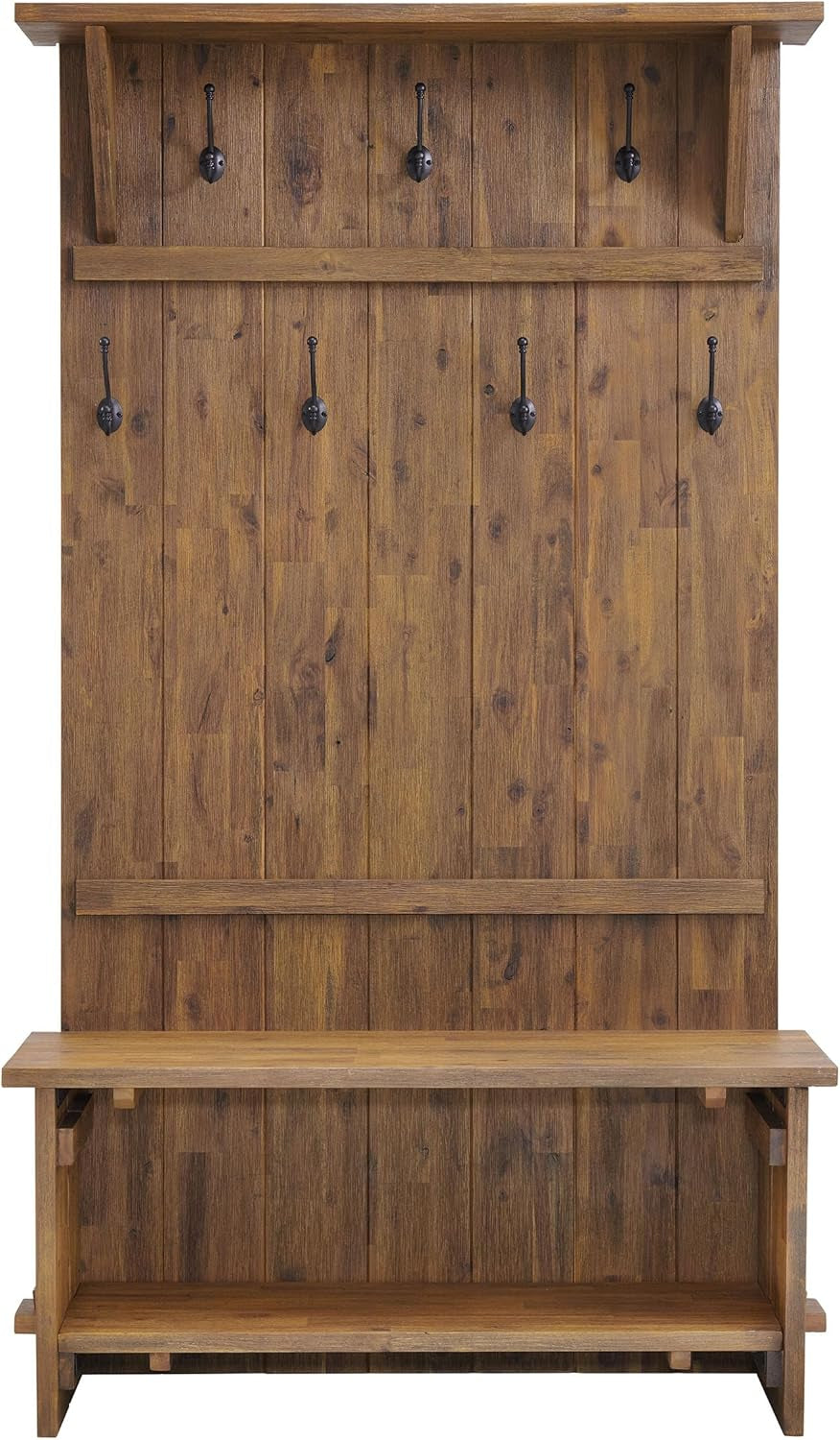 Bethel 70-Inch Acacia Wood Hall Tree with Bench, Storage Shelves & Metal Coat Hooks – Entryway Organizer for Mudroom, Hallway, or Kitchen (Natural Aged Brown Finish)