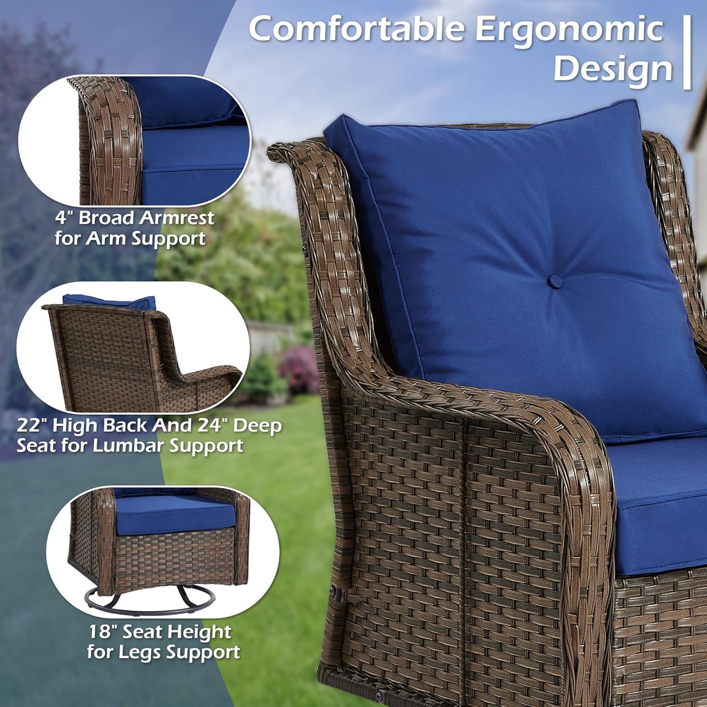 Patio Furniture Sets, 3 Pieces Wicker Outdoor Furniture - 360 Degree Swivel Rocking Chairs and Rattan Side Table for Garden,Porch,Backyard (Brown Wicker/Blue Cushion, 3PCS - Swivel Chairs)