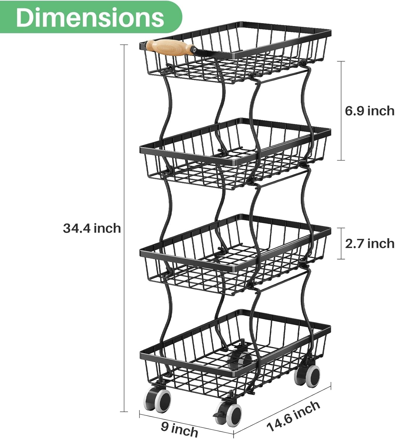 Fruit Basket Kitchen Pantry Organizers and Storage - 4 Tier Stackable Metal Wire Basket Stand for Fruit Vegetable Snacks Jars Bins Containers Organization, Black