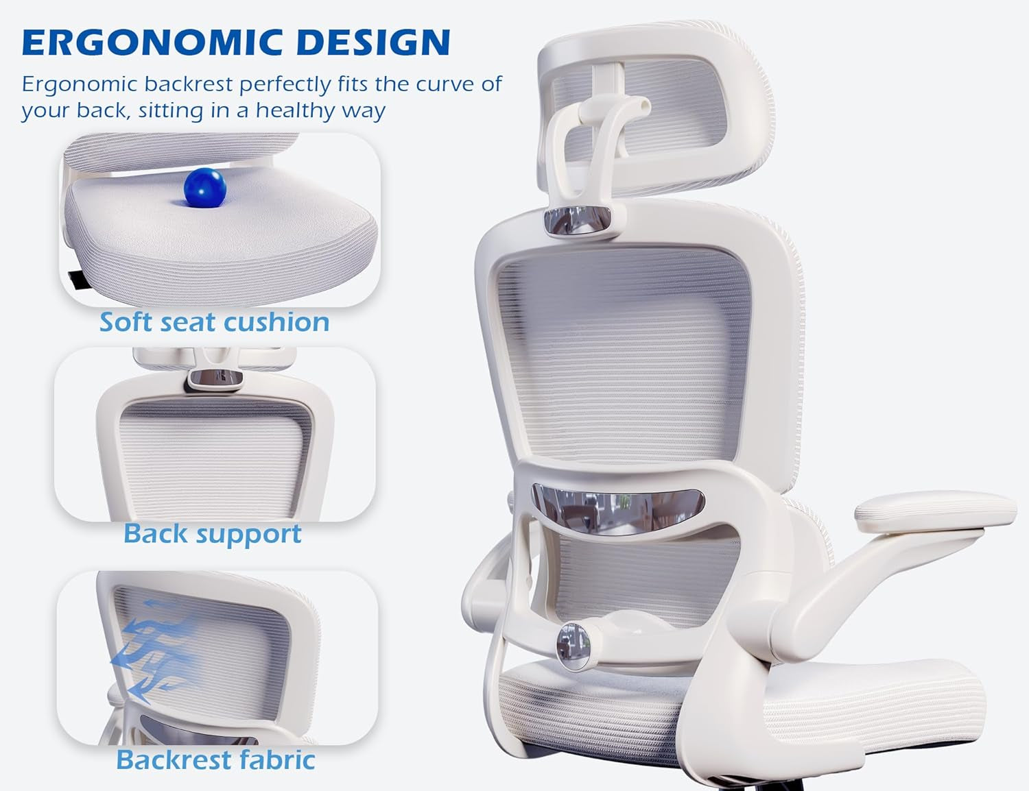 Ergonomic Office Chair - Desk Chair with Adjustable Headrest Lumbar Support Computer Chair - Mesh Comfy Chair with Flip-Up Armrests - Gaming Chairs for Adults Home Office (Leather, White)