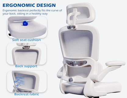 Ergonomic Office Chair - Desk Chair with Adjustable Headrest Lumbar Support Computer Chair - Mesh Comfy Chair with Flip-Up Armrests - Gaming Chairs for Adults Home Office (Leather, White)