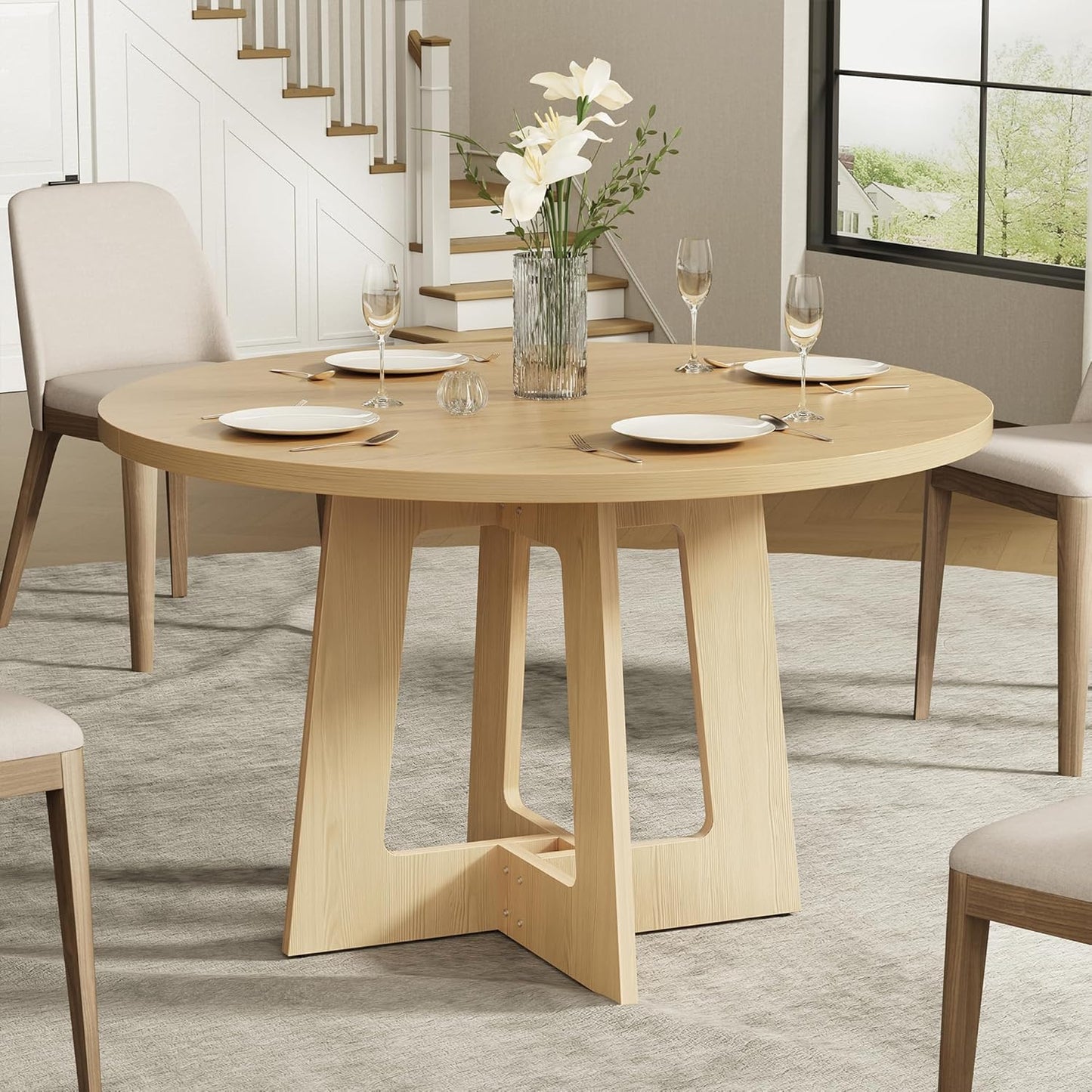 Round Dining Table for 4, Farmhouse Kitchen Table, Wooden Circle Table, 300Lb Capacity & Easy Assembly for Home Dining Room Kitchen Living Room (Natural Oak)