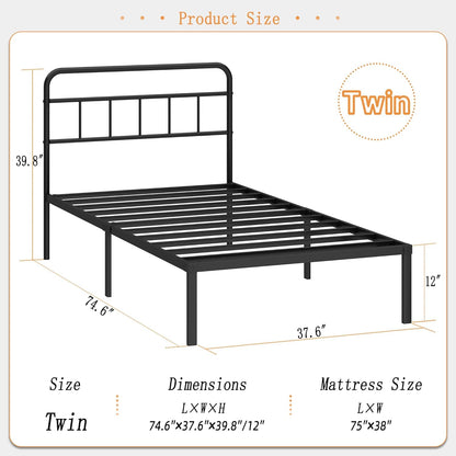 12 Inches Twin Size Bed Frame with Minimalist Headboard,Metal Platform Base with Strong Metal Slats,Mattress Foundation for under Bed Storage,Easy Assembly,Black