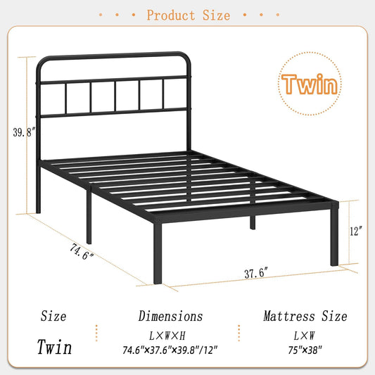 12 Inches Twin Size Bed Frame with Minimalist Headboard,Metal Platform Base with Strong Metal Slats,Mattress Foundation for under Bed Storage,Easy Assembly,Black