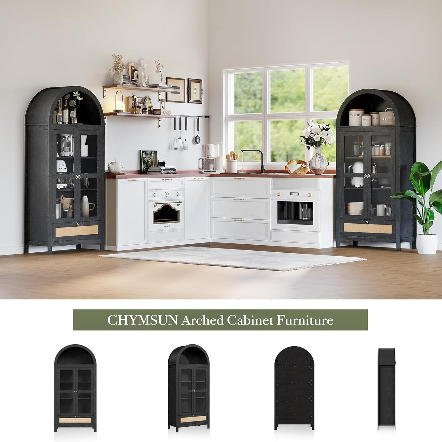 71” Tall Arched Kitchen Pantry Cabinet, Modern Farmhouse Hutch Storage Cabinets with Large Drawer and Glass Doors for Kitchen, Dining Room, Living Room, Black