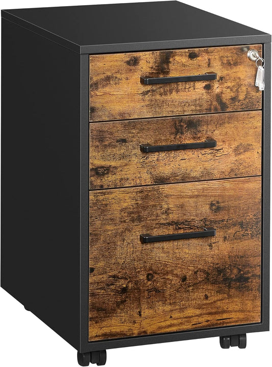 File Cabinet, Pre-Assembled except Wheels and Handles, Office Filing Cabinet with Lock, for A4, Legal, Letter Sized Documents, 17.7 X 14.4 X 23.6 Inches, Rustic Brown and Black UOFC110B01V1