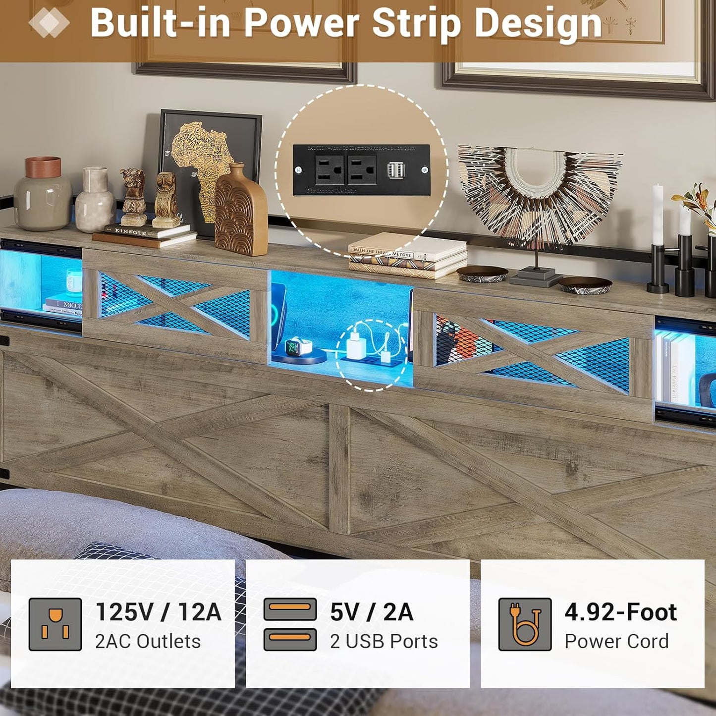 Queen Bed Frame with Storage Headboard, Platform Bed Queen Size with Charging Station and LED Lights, Farmhouse Rustic Bed with Sliding Barn Door, Rustic Oak