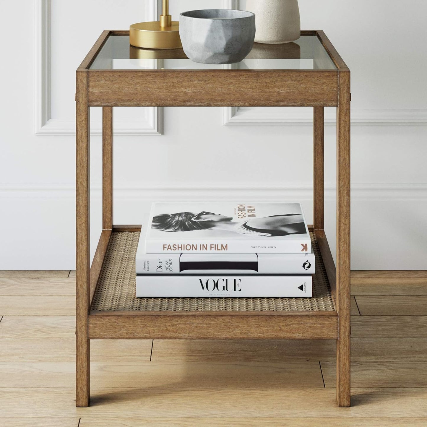 33301 Hayes Solid Wood Nightstand, Bedside, End or Side Table in Light Brown Wood Finish & Glass Top with Open Storage Shelf, 18 in X 18 in X 22 In