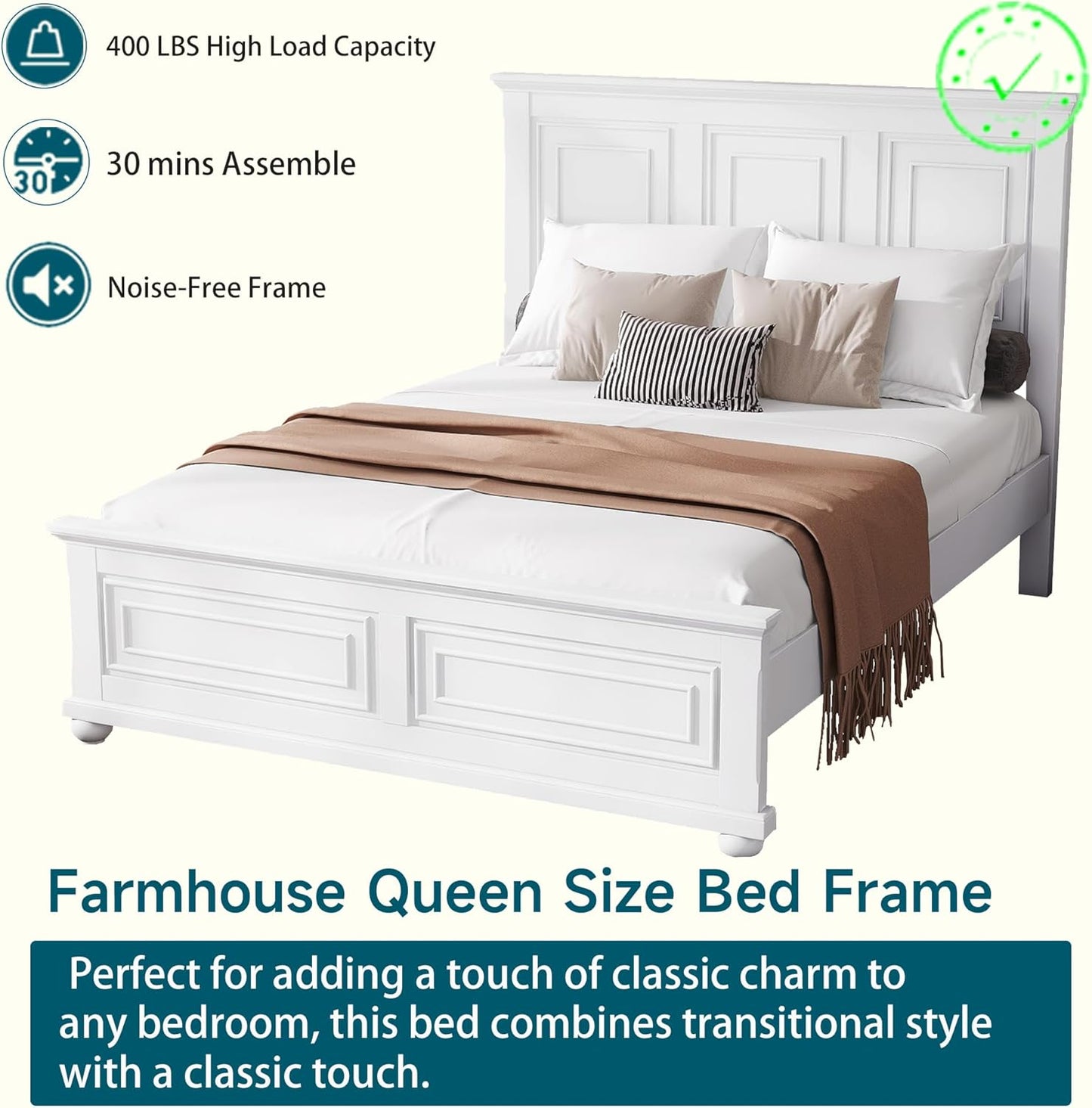 Farmhouse Queen Size Bed Frame with 52" Tall Headboard, Wood Platform Bed Frame with Footboard, Mid-Centery Queen Beds with Slats Support, No Box Spring Needed, White