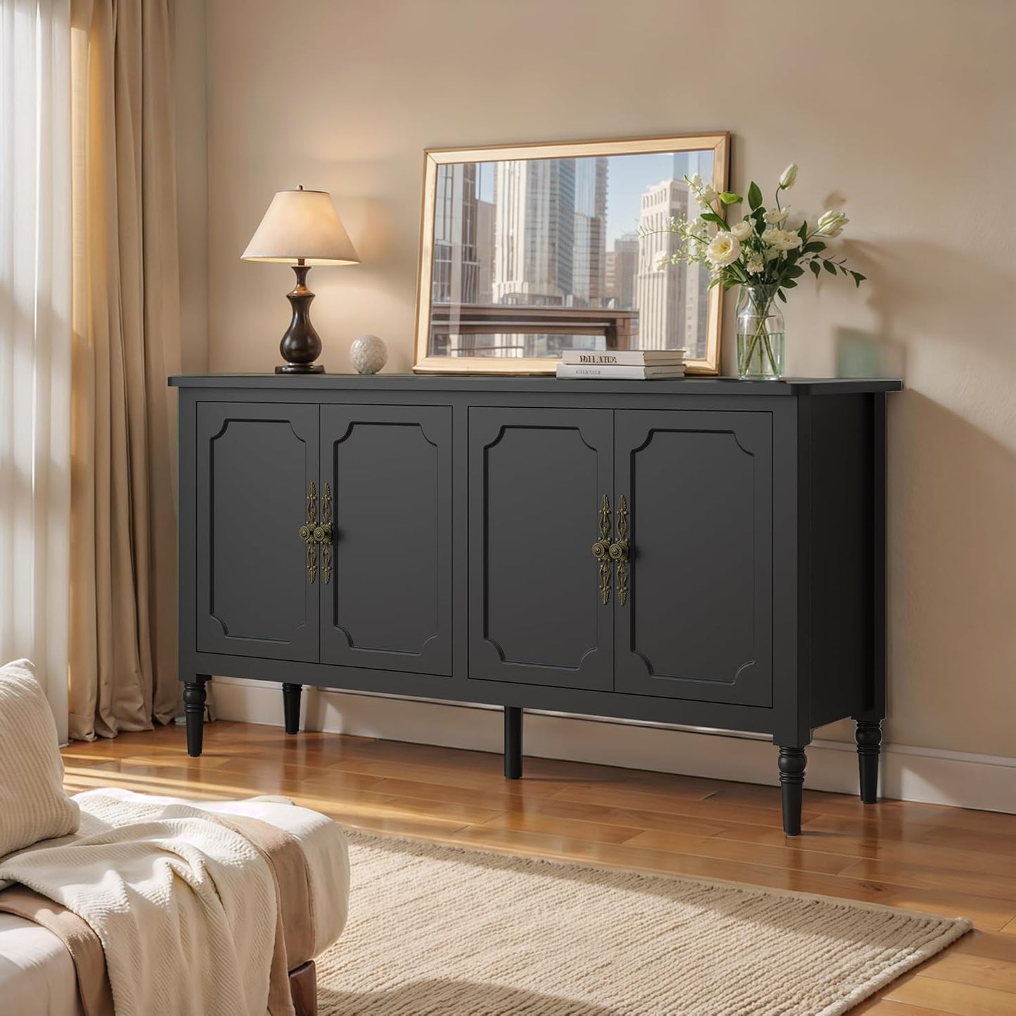 Large Sideboard Buffet Cabinet with Storage, 58'' Modern Credenza Buffet Table Coffee Bar Wine Bar Storage Cabinet with Artistic Carved Handle for Dining Room Living Room, (Satin Black)