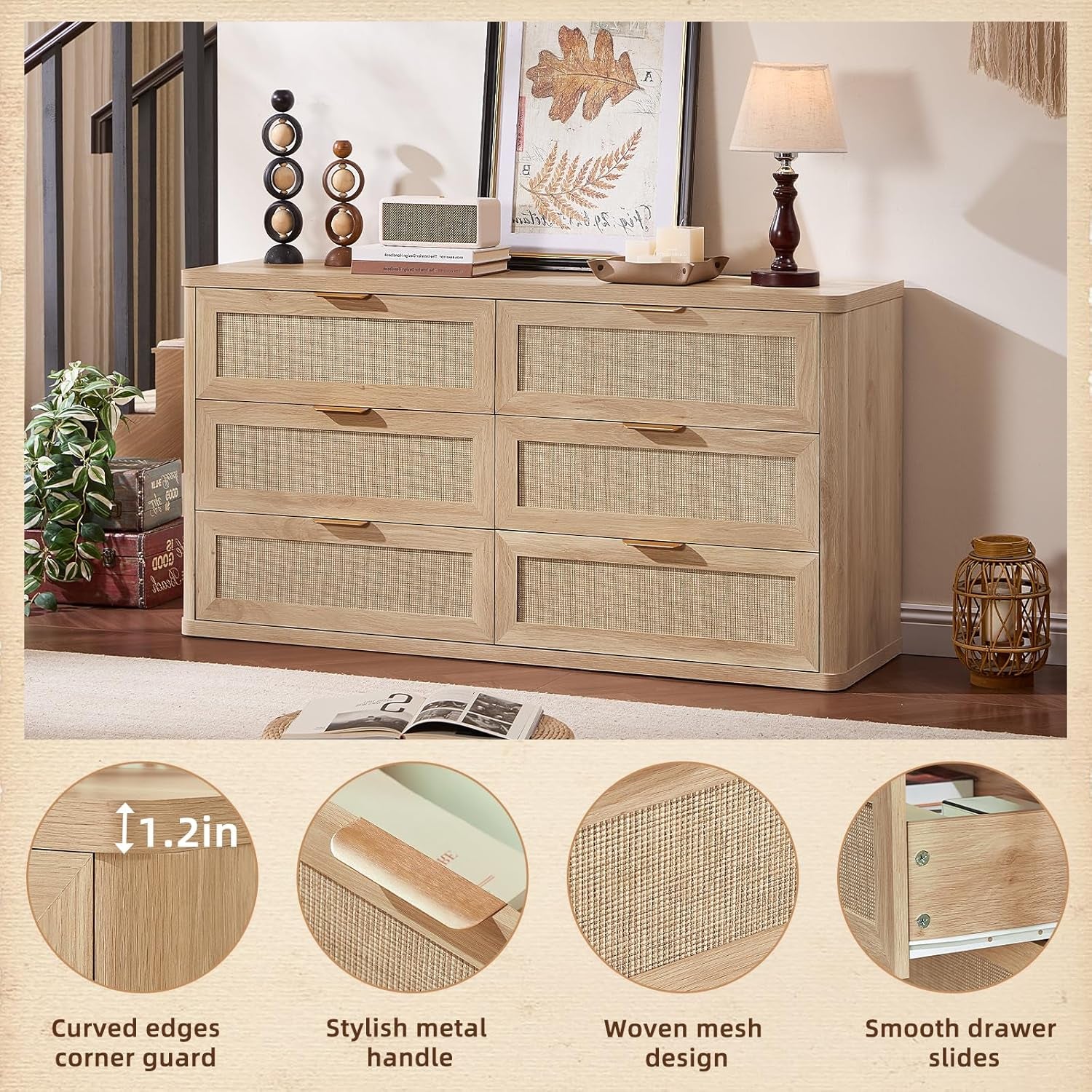 Rattan 6 Drawer Dresser for Bedroom, Boho 54" Wide Natural Wood Dresser Chest of Drawers, Dressers TV Stand with Metal Handle, Storage Dressers Closet Organizer for Living Room, Hallway