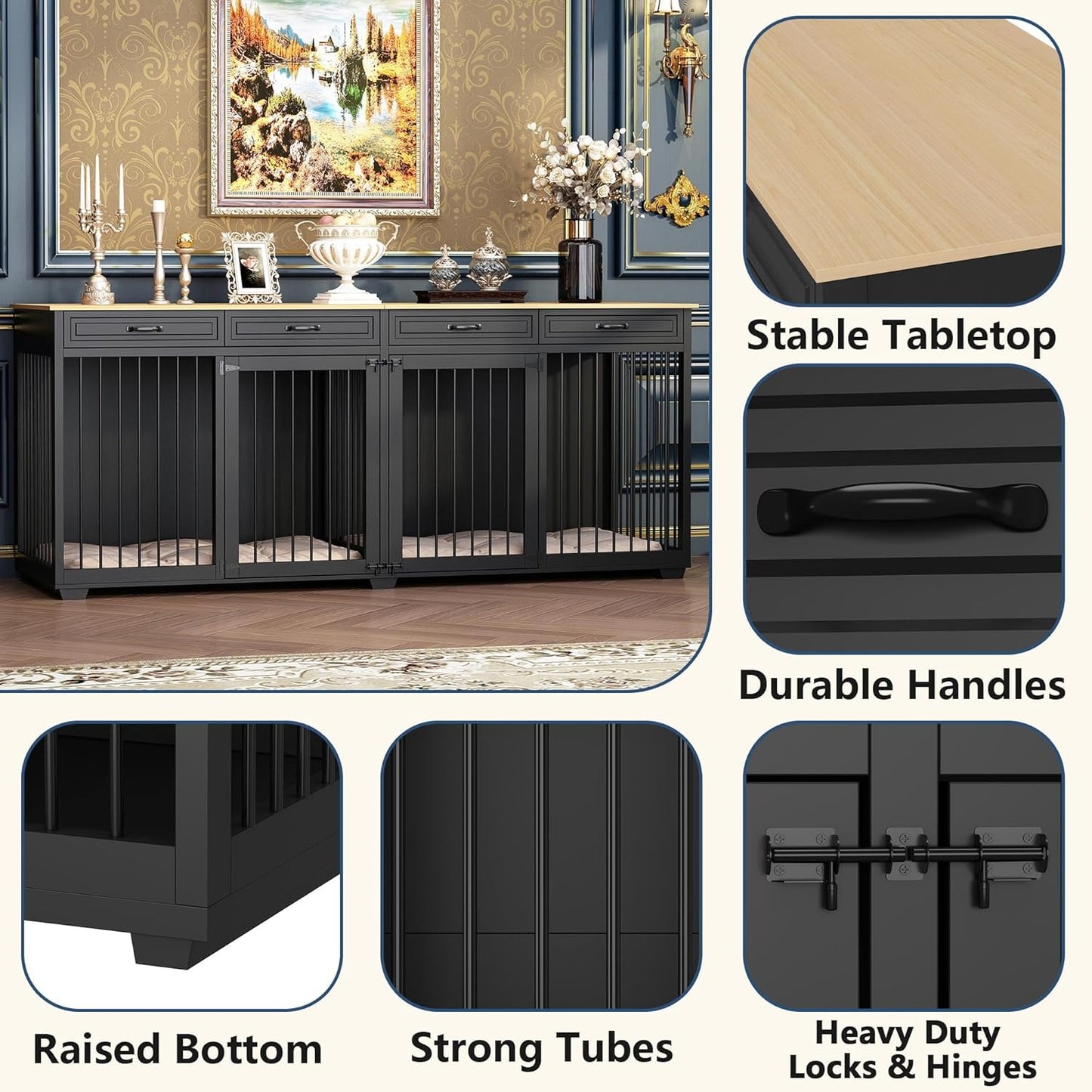 Large Dog Crate Furniture, 86.6 Inch Wooden Dog Kennel with Drawers & Divider, Heavy Duty Indoor Furniture Style Dog House with Double Rooms for Large Medium Small Dogs, Black