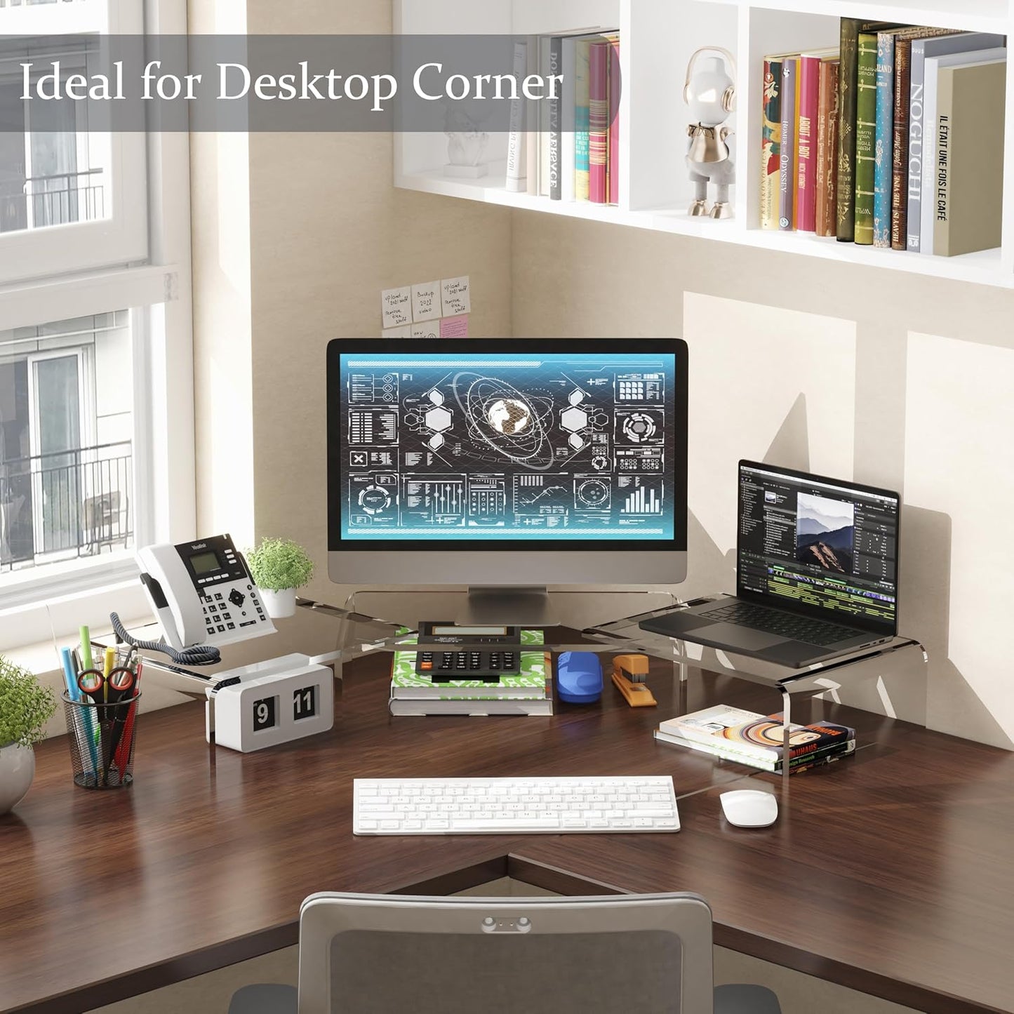 Clear Acrylic Monitor Stand Riser, 3 Shelves Adjustable Dual Monitor Stand with Anti-Slip Mat, Premium Desk Organizer for Home Office, Laptops, Pcs, Printers, Tvs