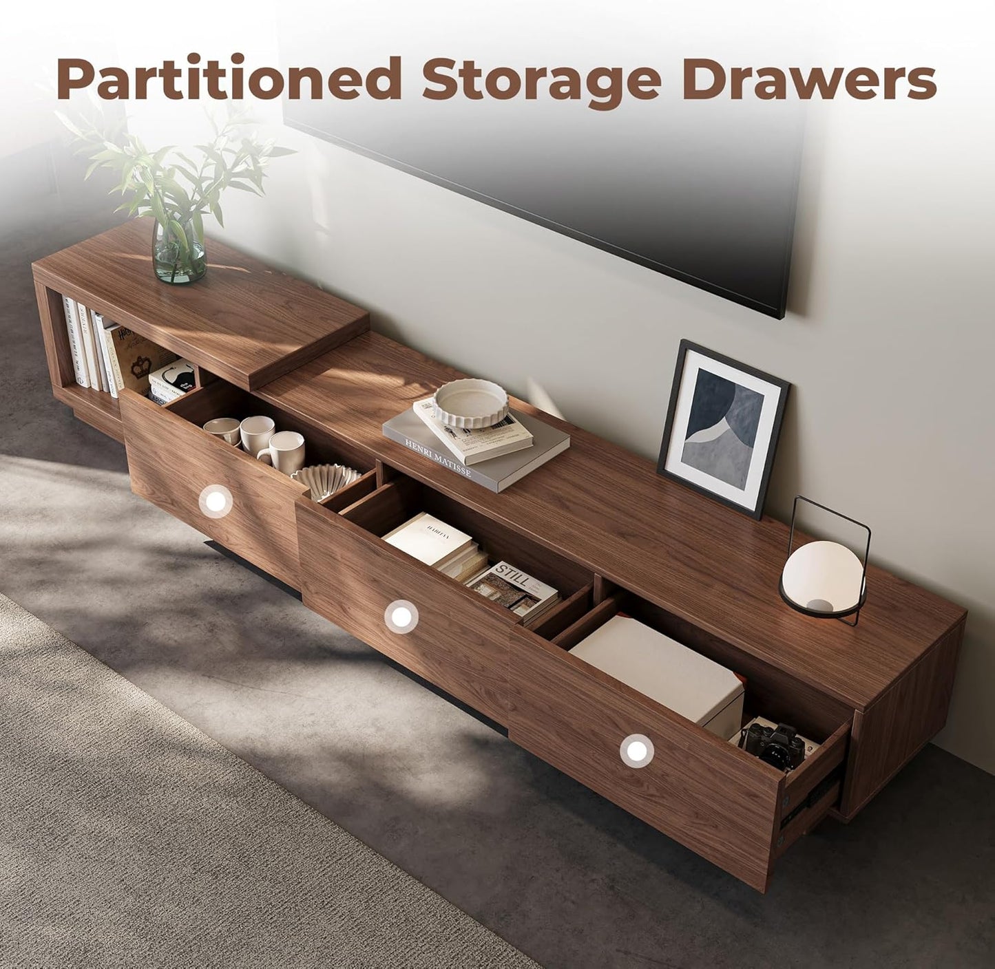 Extendable TV Stand for 65-100 Inches Tvs – Walnut Entertainment Console with 3 Drawers & 1 Storage Compartment, Adjustable Length 68.5''-98.4'' (Walnut, 68.5''-98.4'')